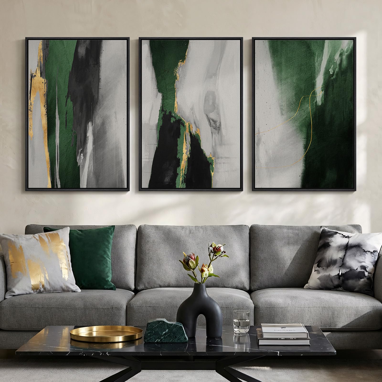 Large Framed Blue and Grey Abstract Wall Art for Living Room, 3 Piece Modern Canvas Prints Paintings Artwork for Walls, Minimalist Abstract Pictures Wall Decor for Hallway Office Bedroom 24x36 In