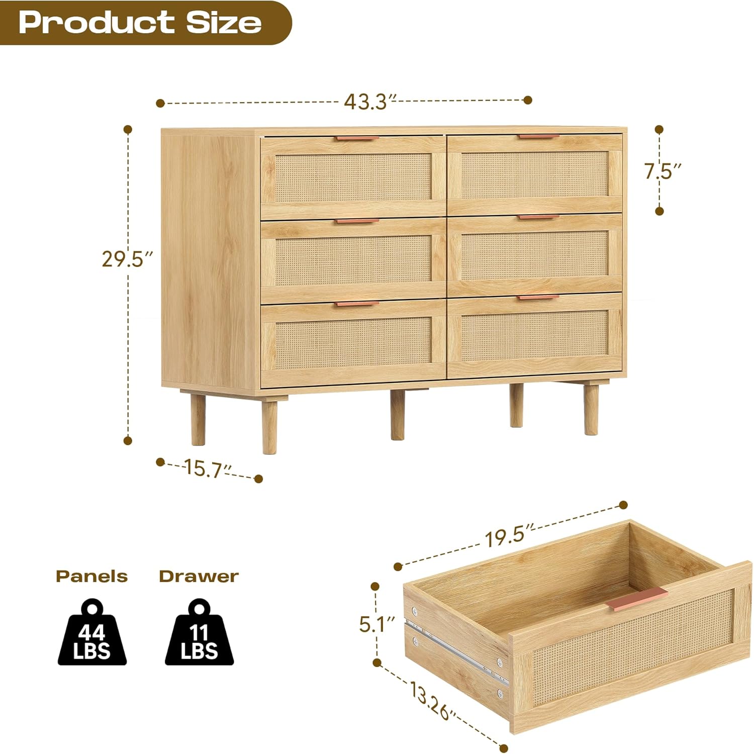 FUQARHY 6 Drawer Dresser Rattan Dresser Modern Chest with Drawers,Wood Storage Closet Dressers Chest of Drawers for Bedroom,Living Room,Hallway (Natural)