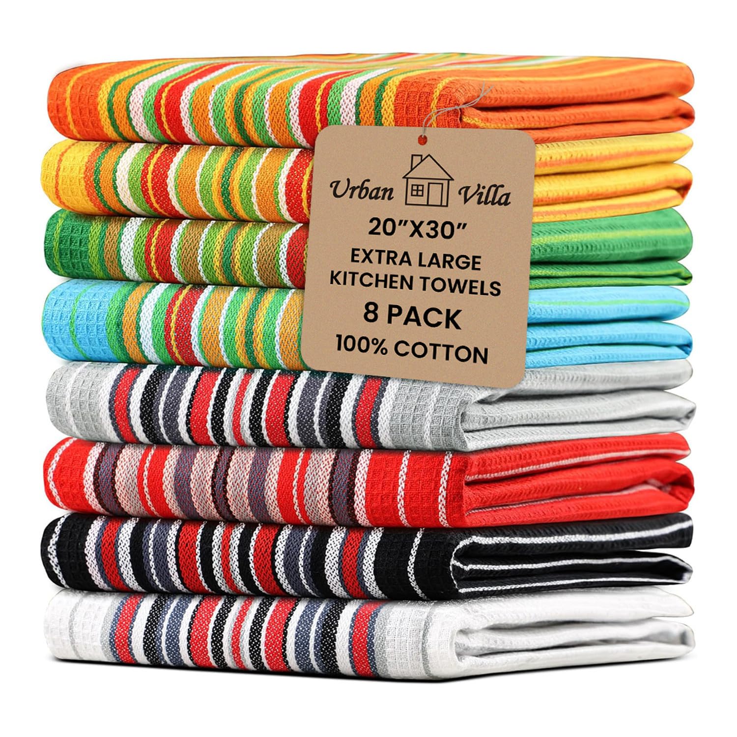 Urban Villa Kitchen Towels 100% Cotton Dish Towels for Kitchen (Set of 6) 20”x30” Dish Cloths Highly Absorbent Kitchen Linen Set with Hanging Loop Perfect for Drying Dishes Cleaning Towels-Blue White