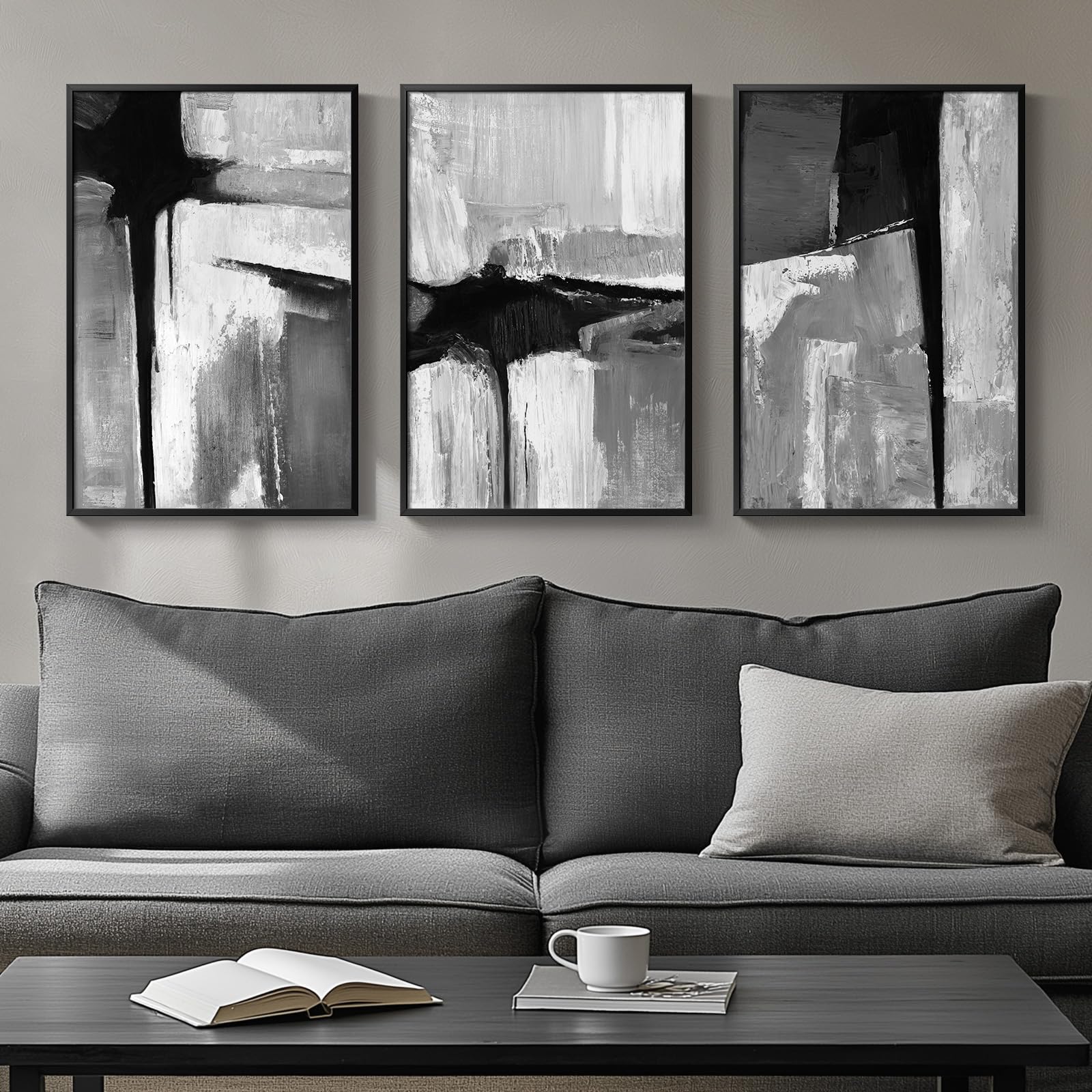 Large Framed Black and White Abstract Wall Art for Living Room, 3 Piece Big Modern Canvas Prints Paintings Artwork for Walls, Minimalist Abstract Art Pictures for Hallway, Office Wall Decor 24x36 In
