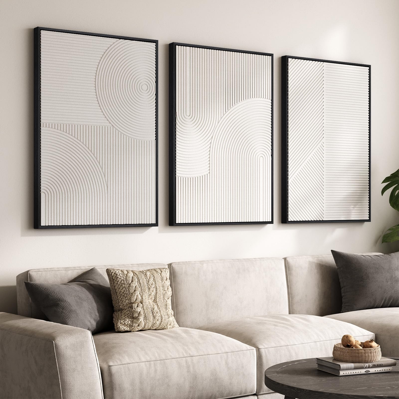 Framed Abstract 3D Textured Wall Art for Living Room, 3 Piece Modern Neutral Artwork for Walls, Brown White Geometric Sandstone Textured Painting for Bedroom, Home Office Decor-Total Size 30x60 Inch