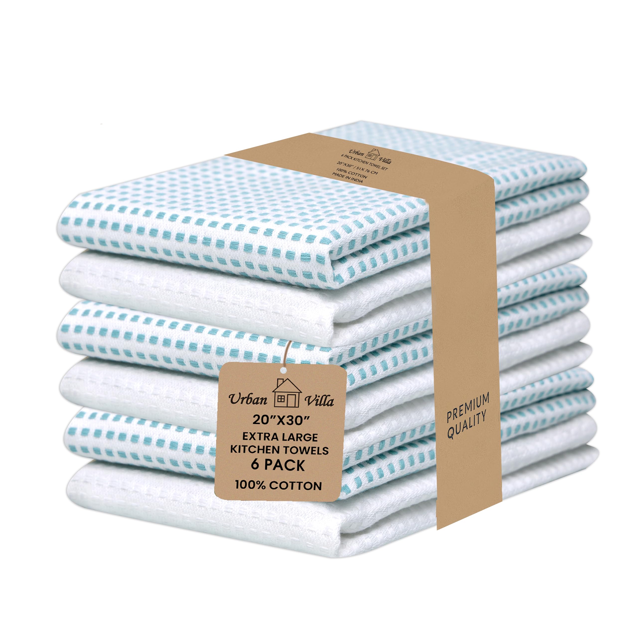 Urban Villa Kitchen Towels 100% Cotton Dish Towels for Kitchen (Set of 6) 20”x30” Dish Cloths Highly Absorbent Kitchen Linen Set with Hanging Loop Perfect for Drying Dishes Cleaning Towels-Blue White