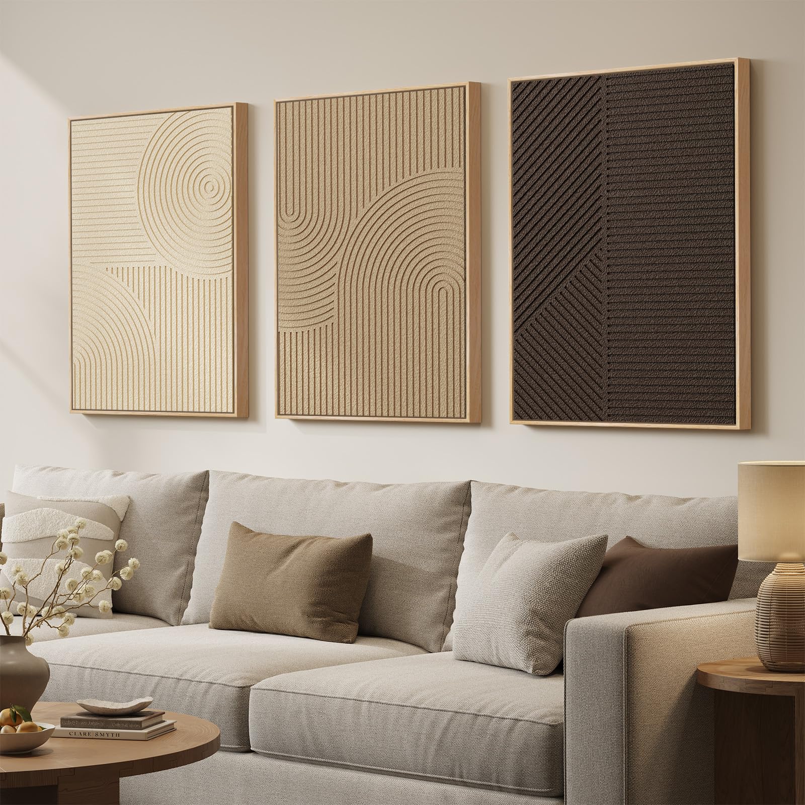 Framed Abstract 3D Textured Wall Art for Living Room, 3 Piece Modern Neutral Artwork for Walls, Brown White Geometric Sandstone Textured Painting for Bedroom, Home Office Decor-Total Size 30x60 Inch