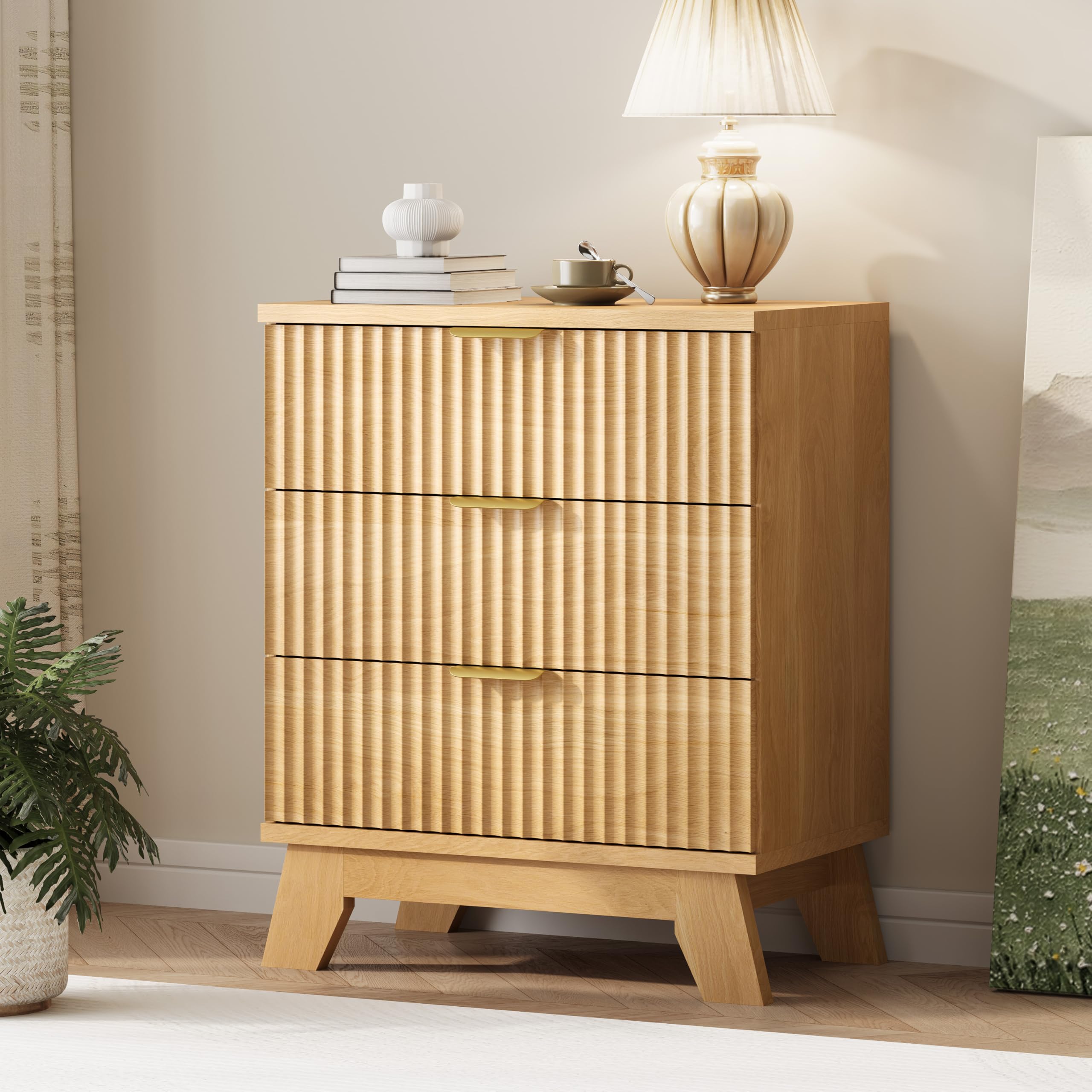 9-Drawer Fluted Dresser, 57" Wide Natural Oak Storage Chest with Metal Handles