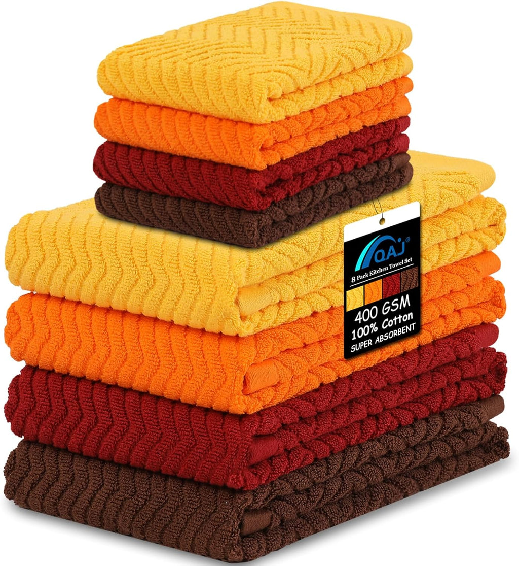 100% Cotton Kitchen Towels and Dishcloths Set, Pack of 8 Super Absorbent 16" x 25" Kitchen Towels and 13" x 13" Dish Cloths (400 GSM)