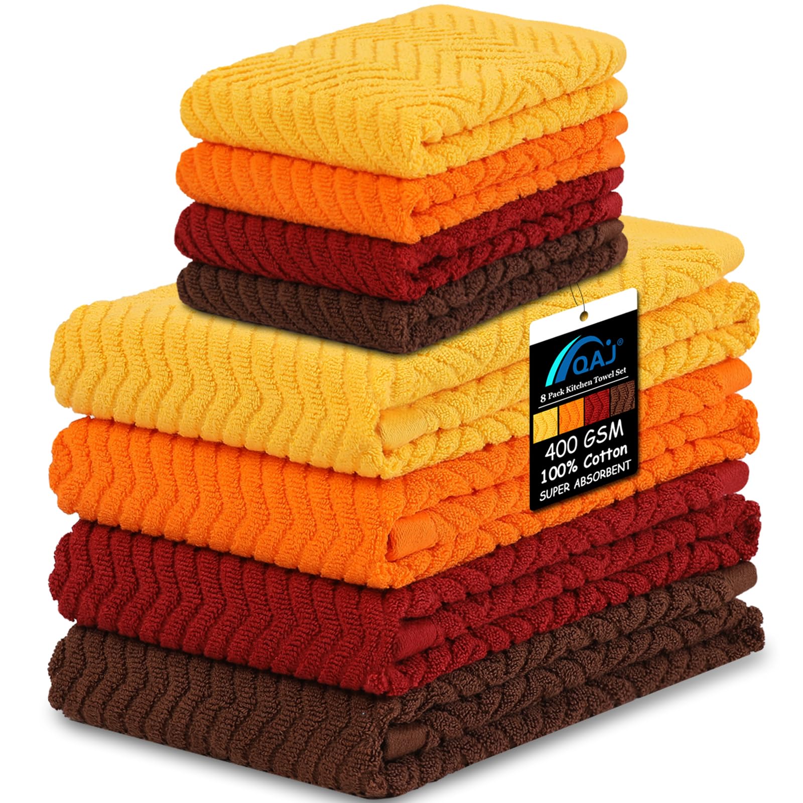 100% Cotton Kitchen Towels and Dishcloths Set, Pack of 8 Super Absorbent 16" x 25" Kitchen Towels and 13" x 13" Dish Cloths (400 GSM)