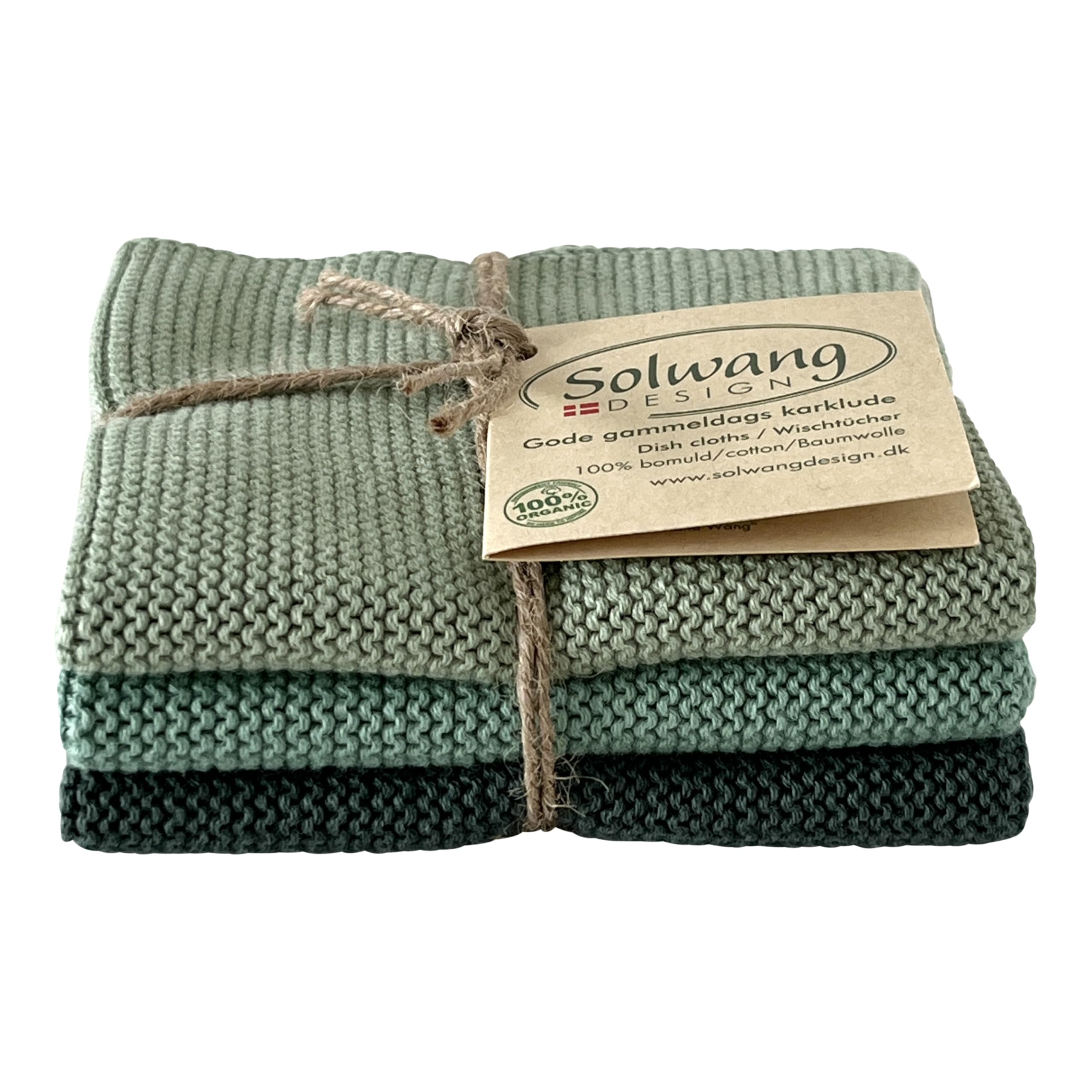 Solwang 3-Piece Danish Cotton Dishcloths in 100% Certified Organic Cotton Made in India (Rustic Blue Organic Combi)
