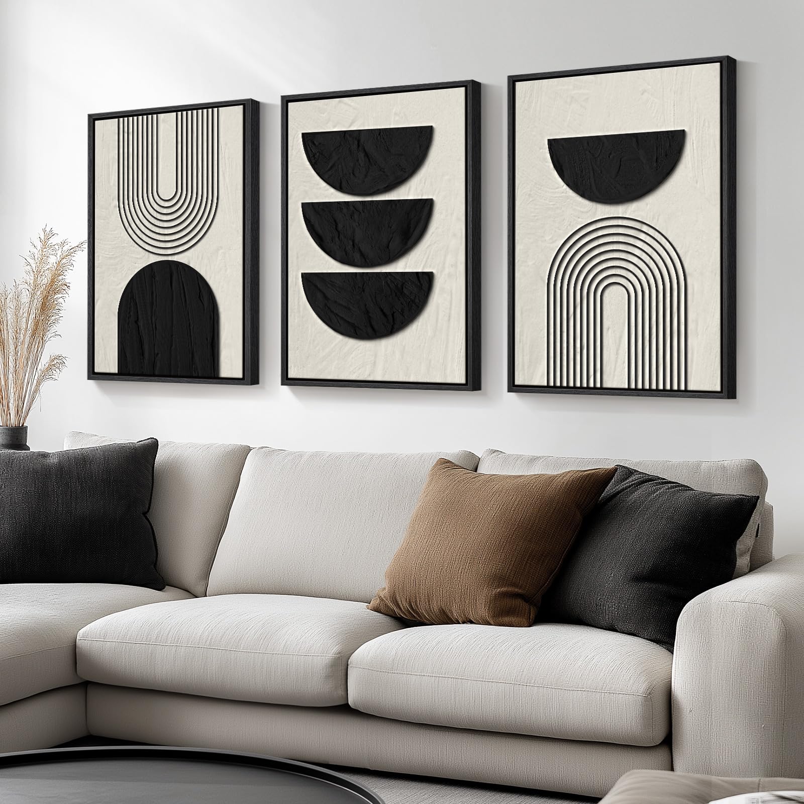 Framed Black and White Abstract Wall Art, 3 Piece Modern Canvas Prints Paintings Art for Walls, Minimalist Black White Abstract Pictures for Living Room Bedroom Dining Room Office Wall Decor 16x24 In