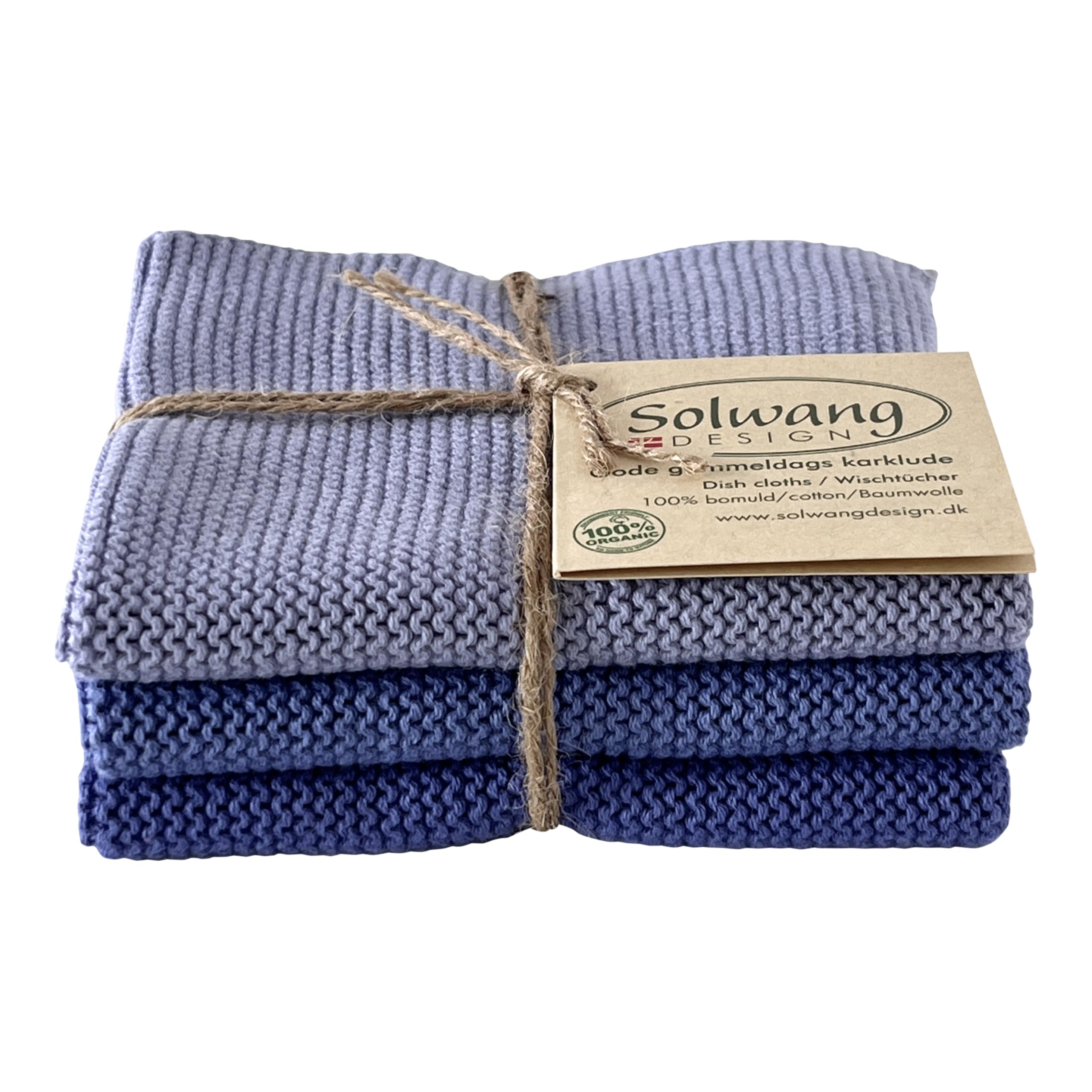 Solwang 3-Piece Danish Cotton Dishcloths in 100% Certified Organic Cotton Made in India (Rustic Blue Organic Combi)