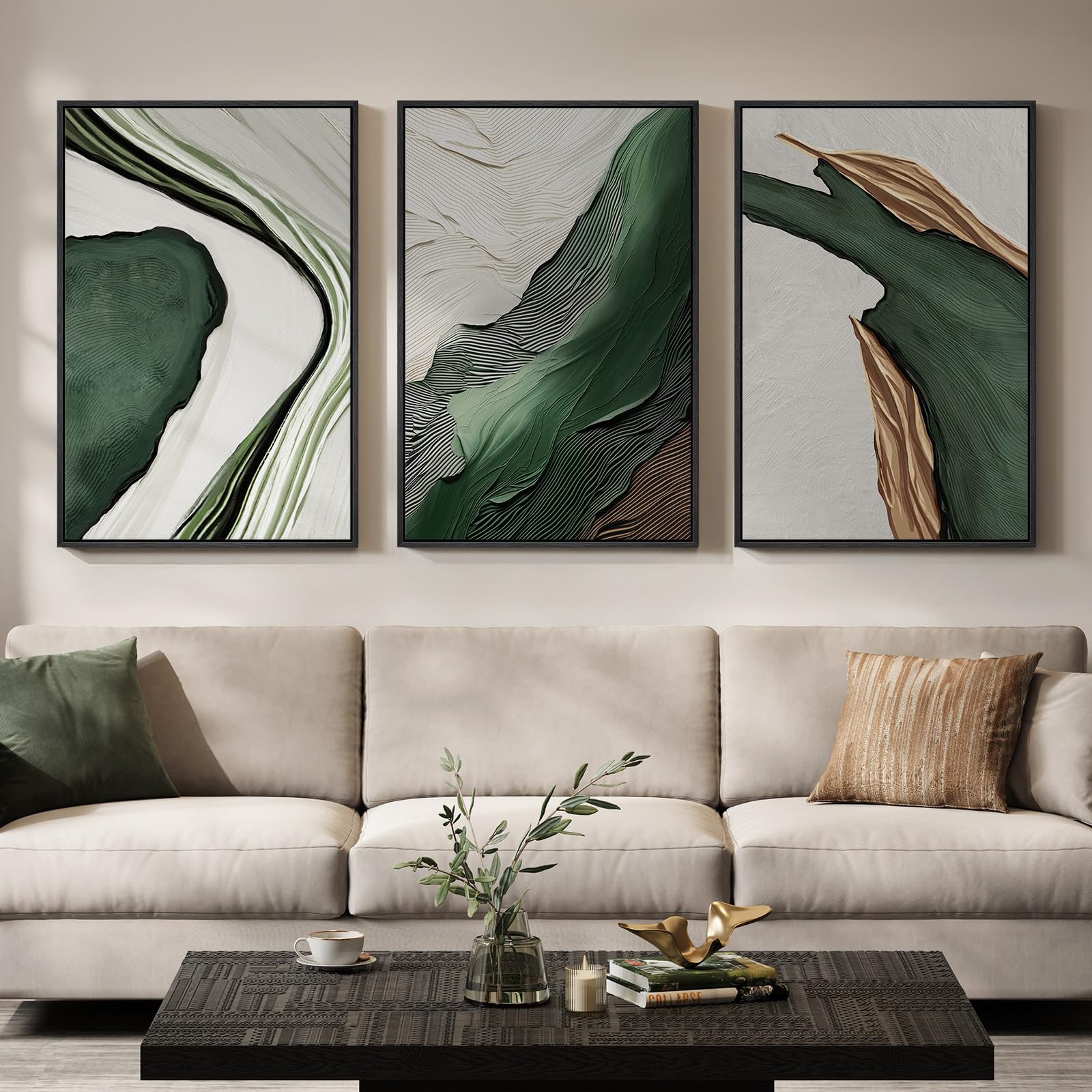Large Framed Abstract Nature Landscape Wall Art for Living Room, Set of 3 Modern Canvas Prints Paintings Artwork for Walls, Green Lake Pictures for Hallway, Dining Room, Office Wall Decor 24x36 Inch