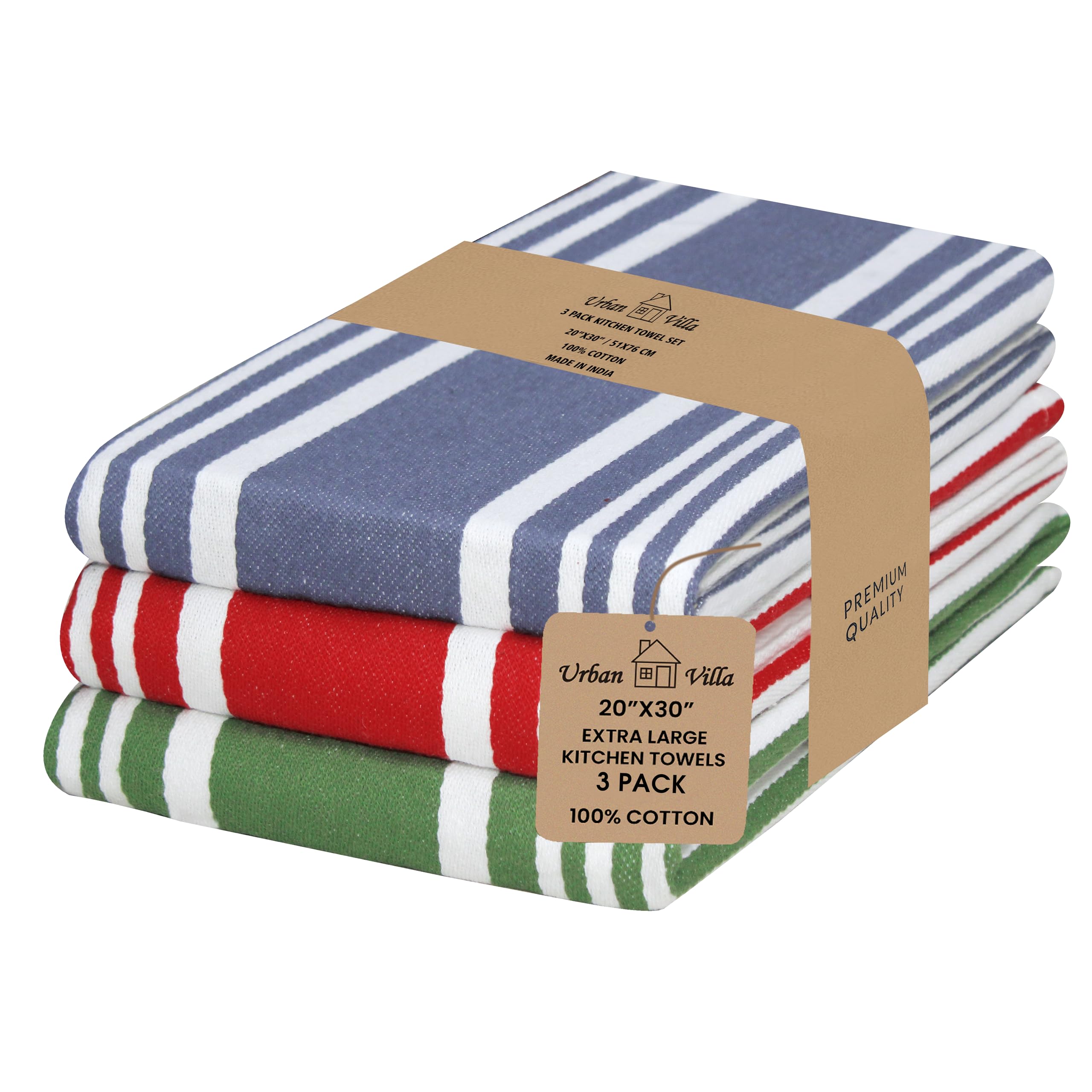 Urban Villa Kitchen Towels 100% Cotton Dish Towels for Kitchen (Set of 6) 20”x30” Dish Cloths Highly Absorbent Kitchen Linen Set with Hanging Loop Perfect for Drying Dishes Cleaning Towels-Blue White