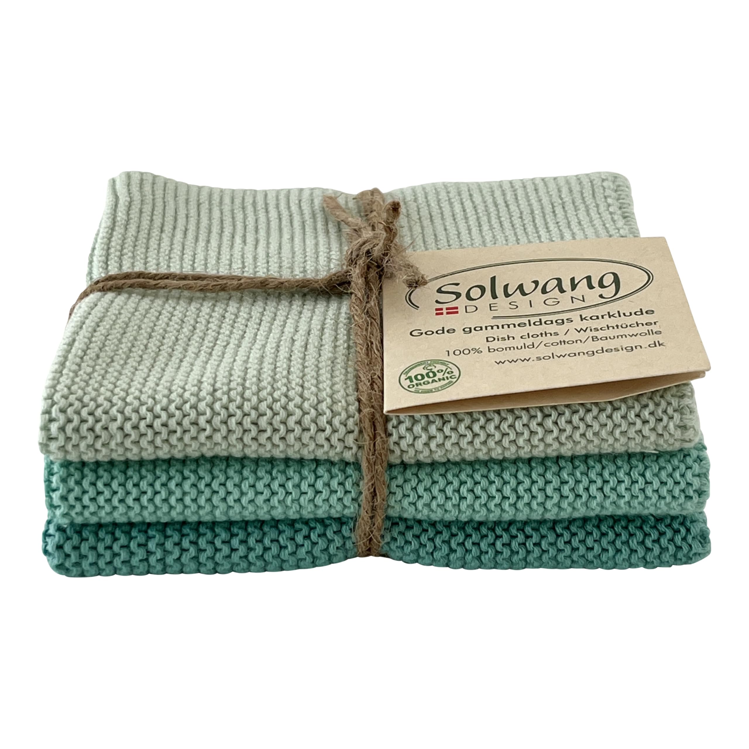 Solwang 3-Piece Danish Cotton Dishcloths in 100% Certified Organic Cotton Made in India (Rustic Blue Organic Combi)