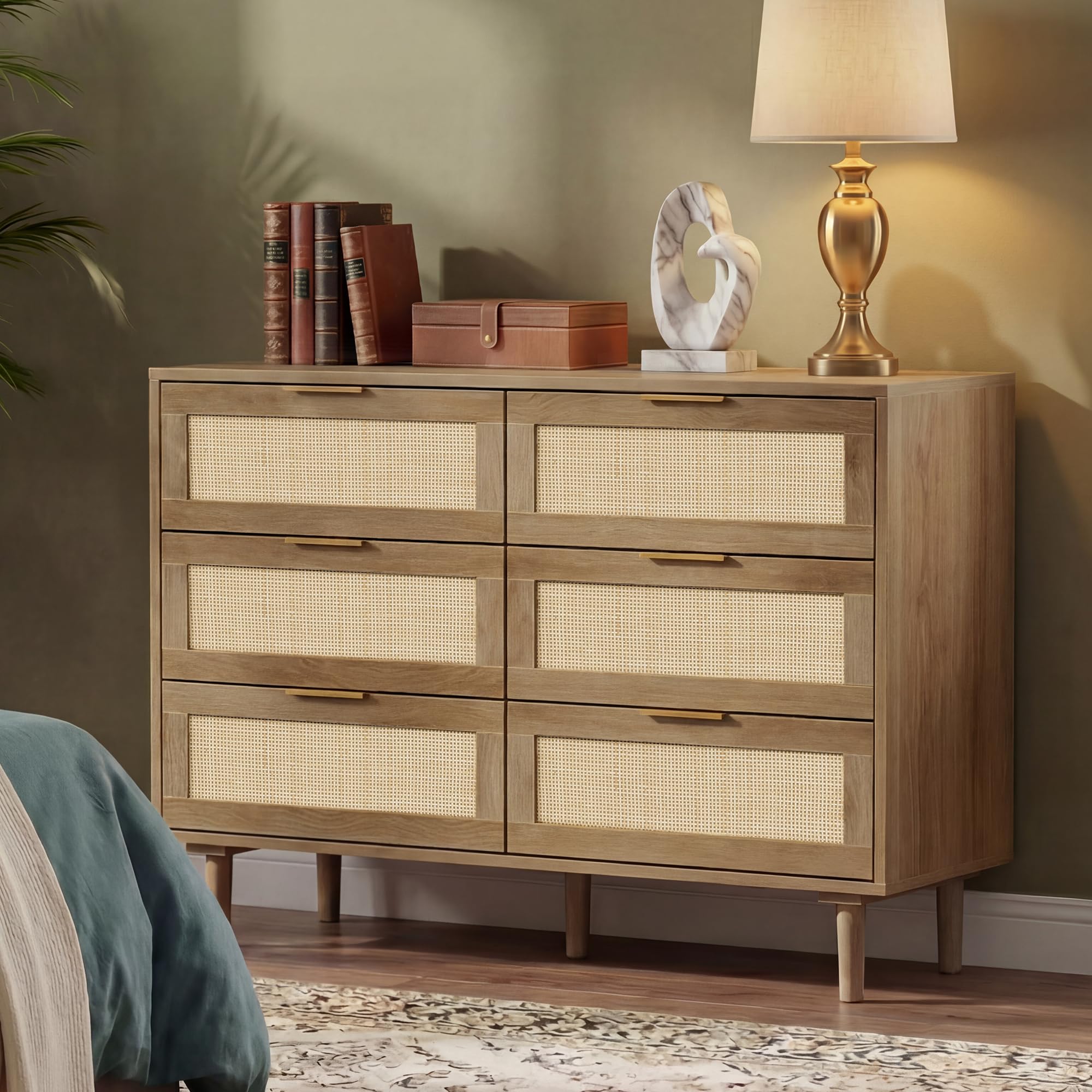 FUQARHY 6 Drawer Dresser Rattan Dresser Modern Chest with Drawers,Wood Storage Closet Dressers Chest of Drawers for Bedroom,Living Room,Hallway (Natural)