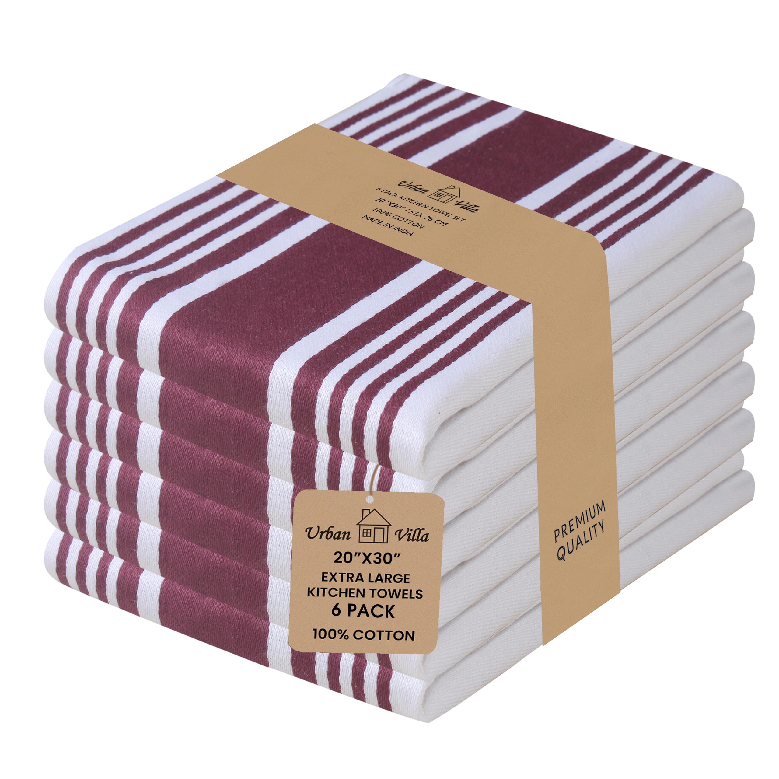 Urban Villa Kitchen Towels 100% Cotton Dish Towels for Kitchen (Set of 6) 20”x30” Dish Cloths Highly Absorbent Kitchen Linen Set with Hanging Loop Perfect for Drying Dishes Cleaning Towels-Blue White
