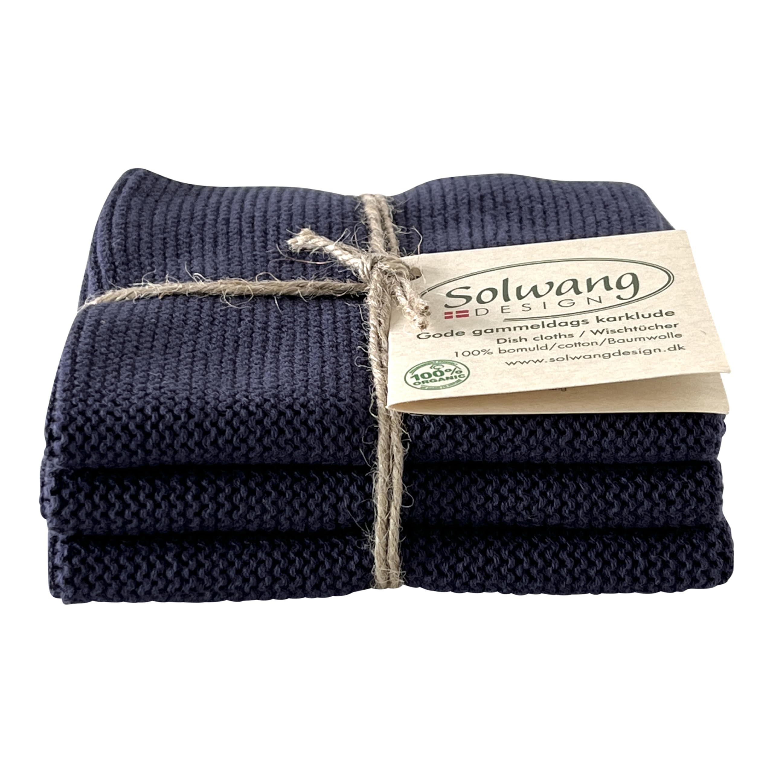 Solwang 3-Piece Danish Cotton Dishcloths in 100% Certified Organic Cotton Made in India (Rustic Blue Organic Combi)