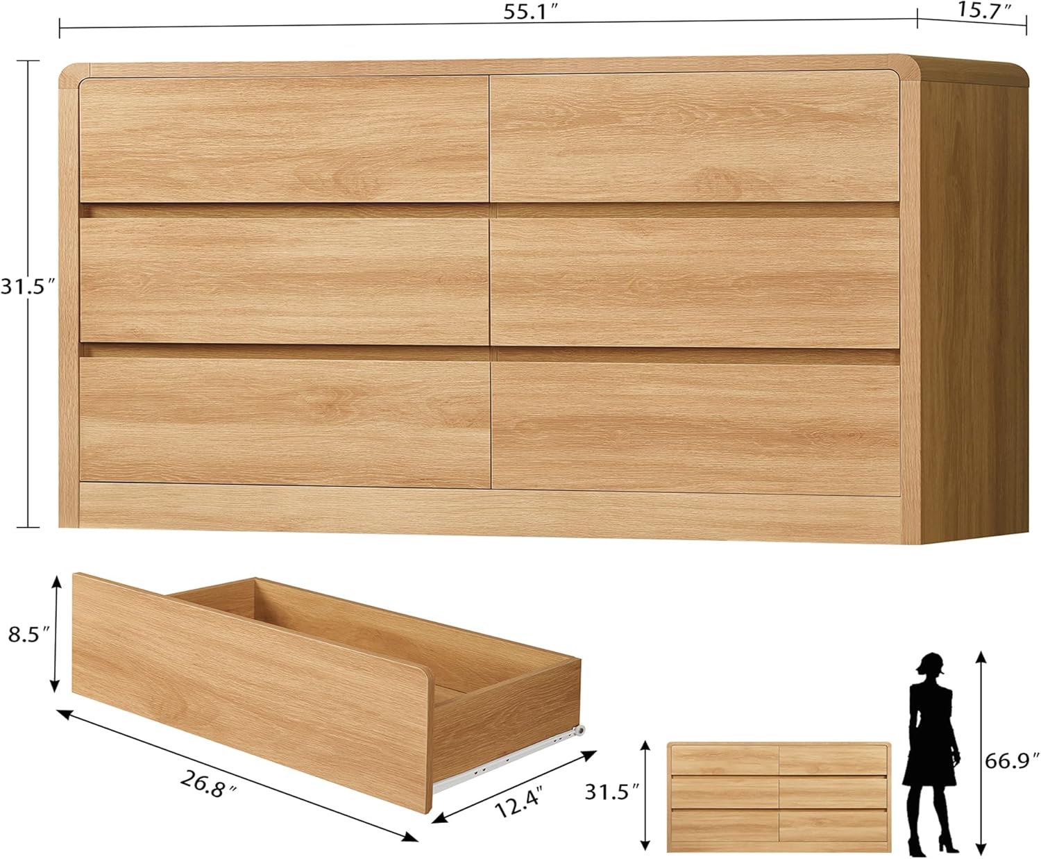 TEENFON 55" Dresser for Bedroom with 6 Drawers, Dressers & Chests of Drawers with Curved Profile Design, 6 Drawer Dresser, Bedroom Dressers, Wood Dressers for Bedroom, Hallway, Natural
