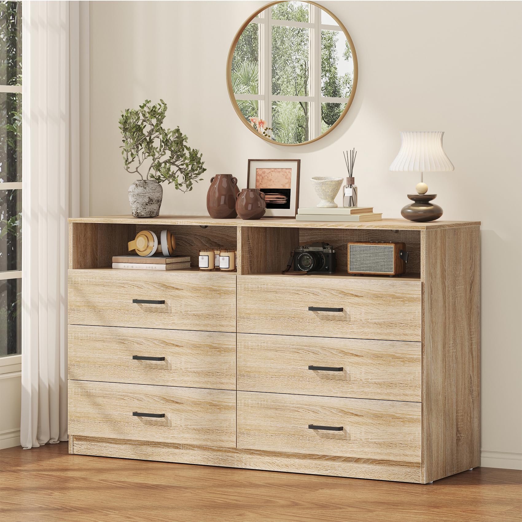 Bigbiglife Dresser for Bedroom, 6 Drawer Double Dresser, Modern Chest of Drawers with Deep Drawers, TV Stand Large Storage Organizer for Living Room, Closet (Light Oak)