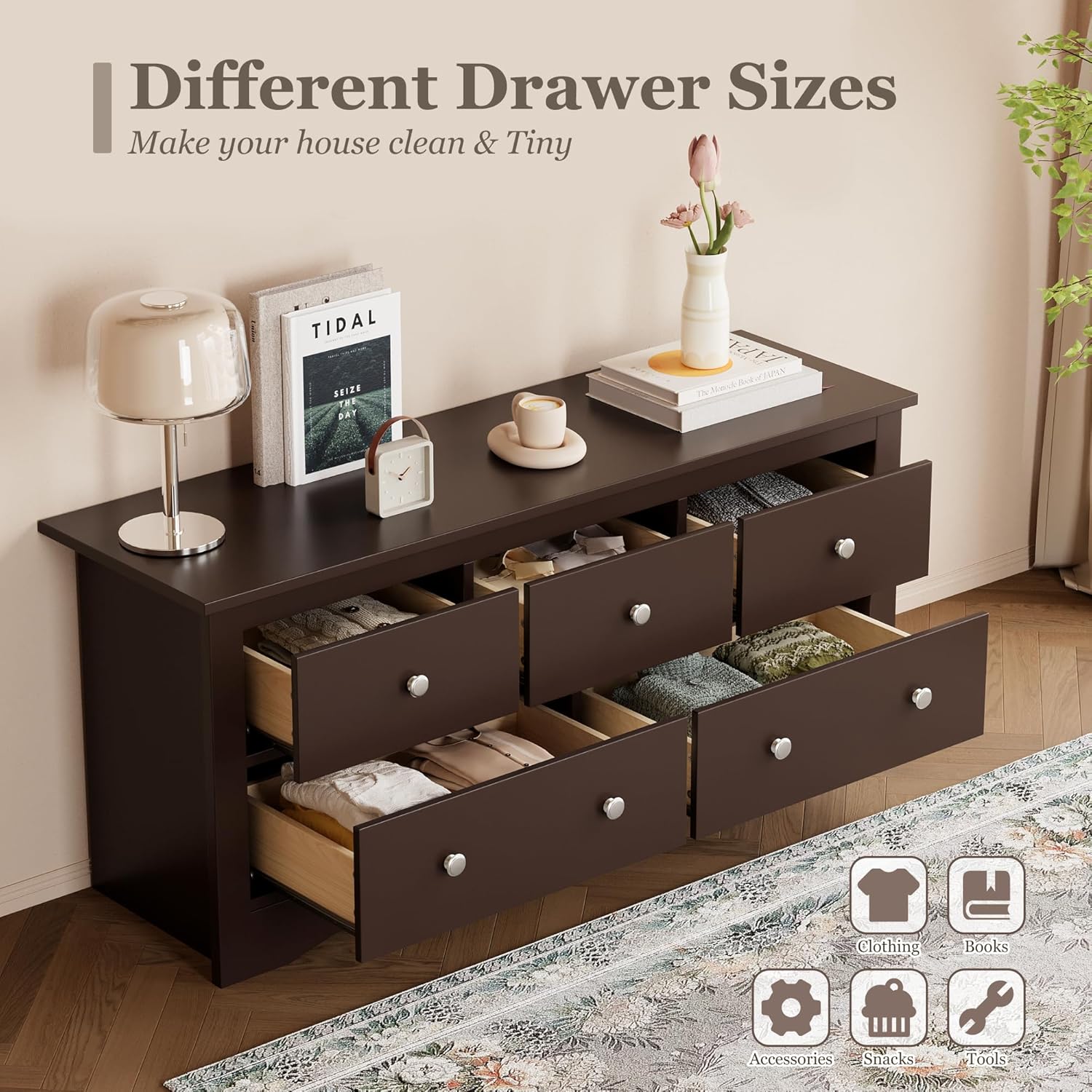 Furmax Dresser for Bedroom, 5 Wood Dresser, Chest of Drawers, for TV up to 65 inch, TV Stand Storage Chest of Drawers for Hallway Entryway (Brown)