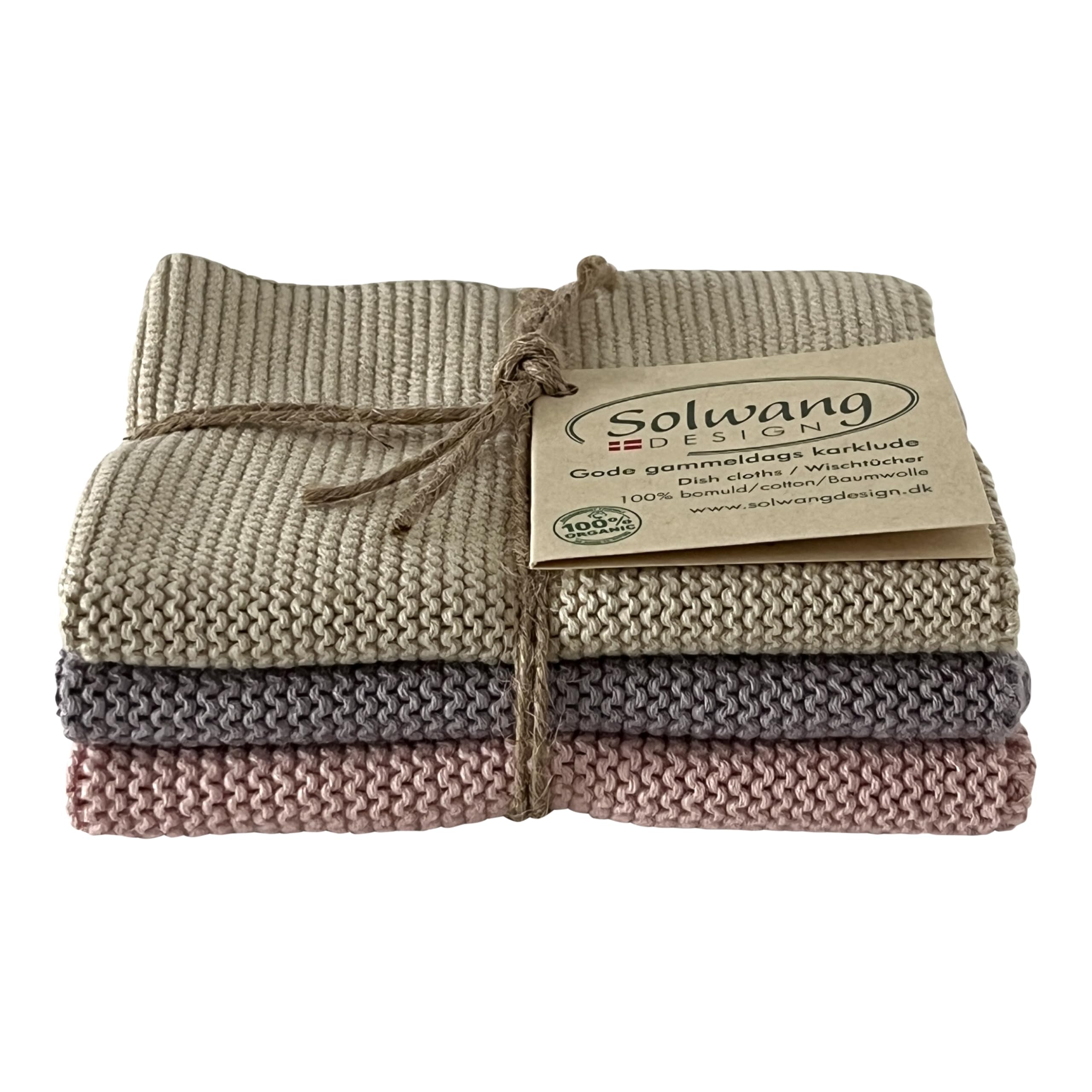 Solwang 3-Piece Danish Cotton Dishcloths in 100% Certified Organic Cotton Made in India (Rustic Blue Organic Combi)