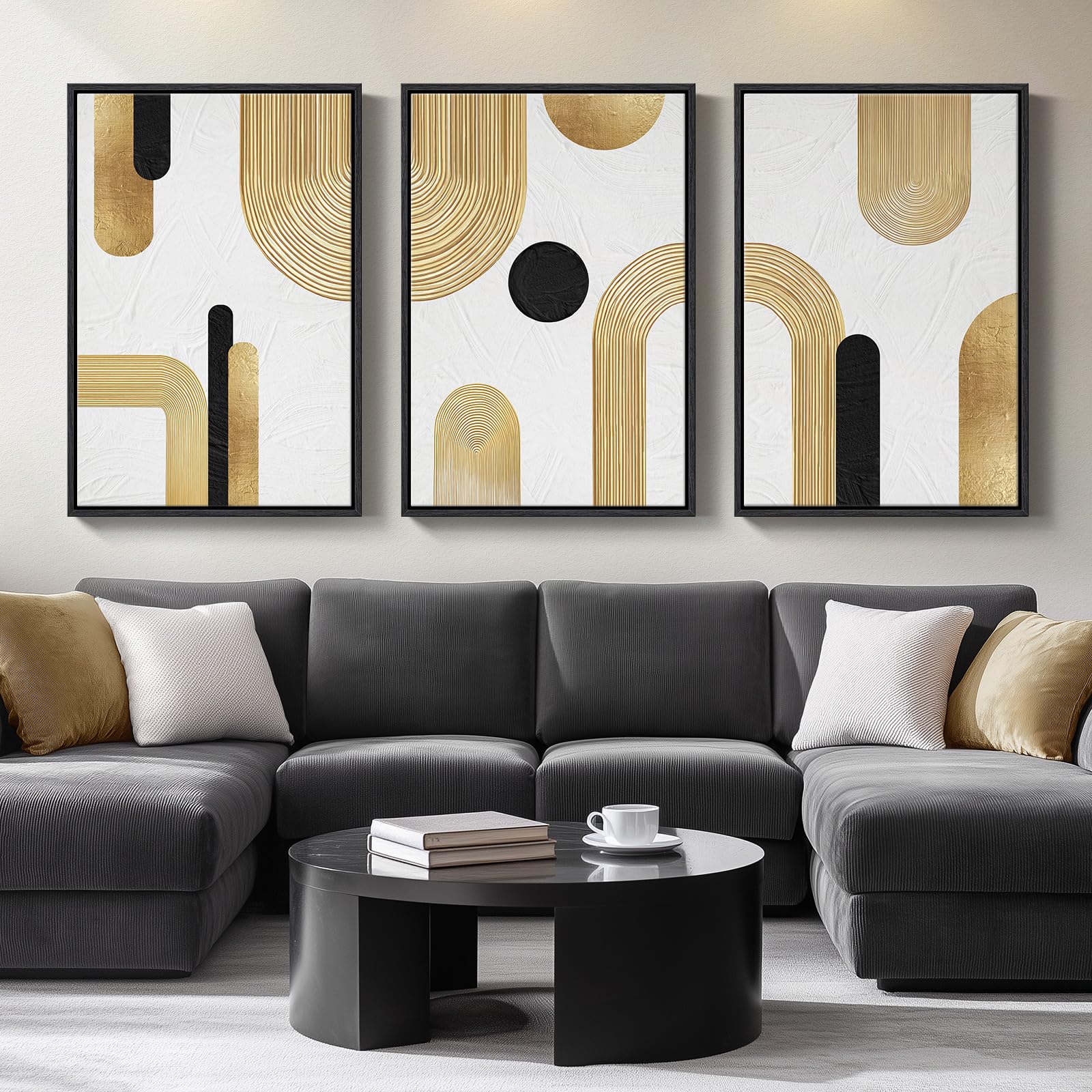 Framed Black and White Abstract Wall Art, 3 Piece Modern Canvas Prints Paintings Art for Walls, Minimalist Black White Abstract Pictures for Living Room Bedroom Dining Room Office Wall Decor 16x24 In