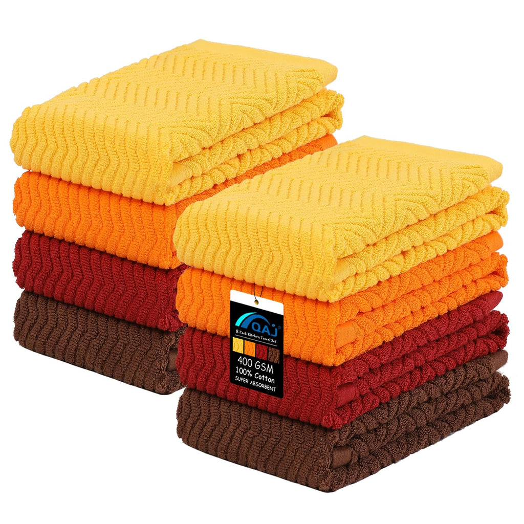 100% Cotton Kitchen Towels and Dishcloths Set, Pack of 8 Super Absorbent 16" x 25" Kitchen Towels and 13" x 13" Dish Cloths (400 GSM)