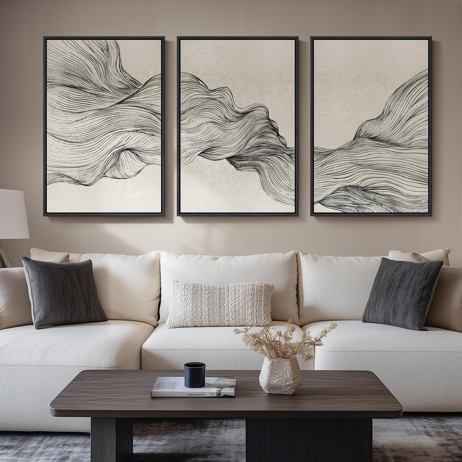 Framed Black and White Abstract Wall Art, 3 Piece Modern Canvas Prints Paintings Art for Walls, Minimalist Black White Abstract Pictures for Living Room Bedroom Dining Room Office Wall Decor 16x24 In