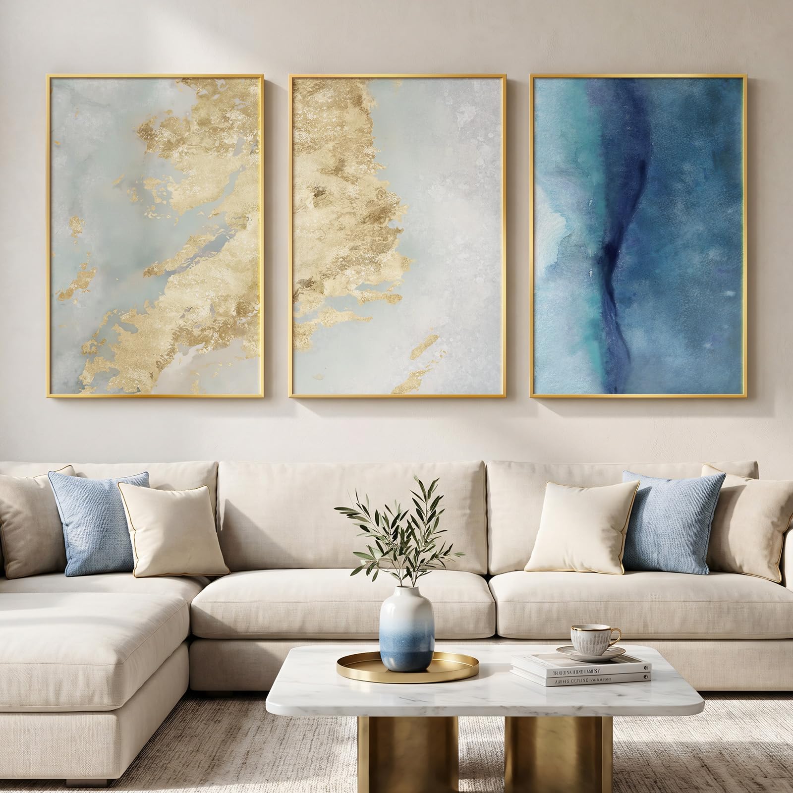 Large Framed Blue and Grey Abstract Wall Art for Living Room, 3 Piece Modern Canvas Prints Paintings Artwork for Walls, Minimalist Abstract Pictures Wall Decor for Hallway Office Bedroom 24x36 In