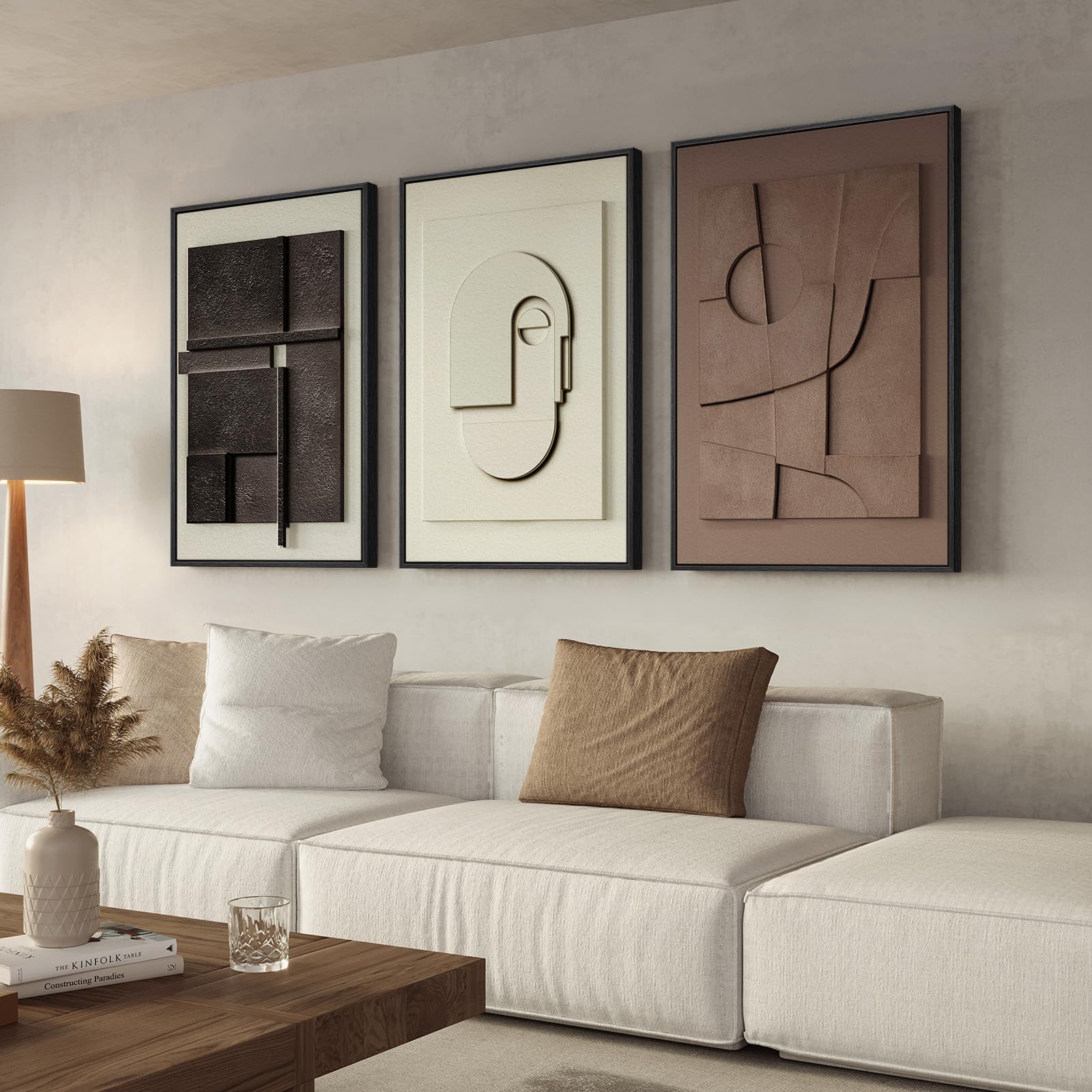 Framed Abstract 3D Textured Wall Art for Living Room, 3 Piece Modern Neutral Artwork for Walls, Brown White Geometric Sandstone Textured Painting for Bedroom, Home Office Decor-Total Size 30x60 Inch