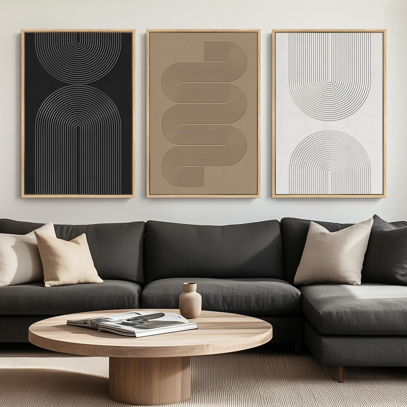 Framed Black and White Abstract Wall Art, 3 Piece Modern Canvas Prints Paintings Art for Walls, Minimalist Black White Abstract Pictures for Living Room Bedroom Dining Room Office Wall Decor 16x24 In