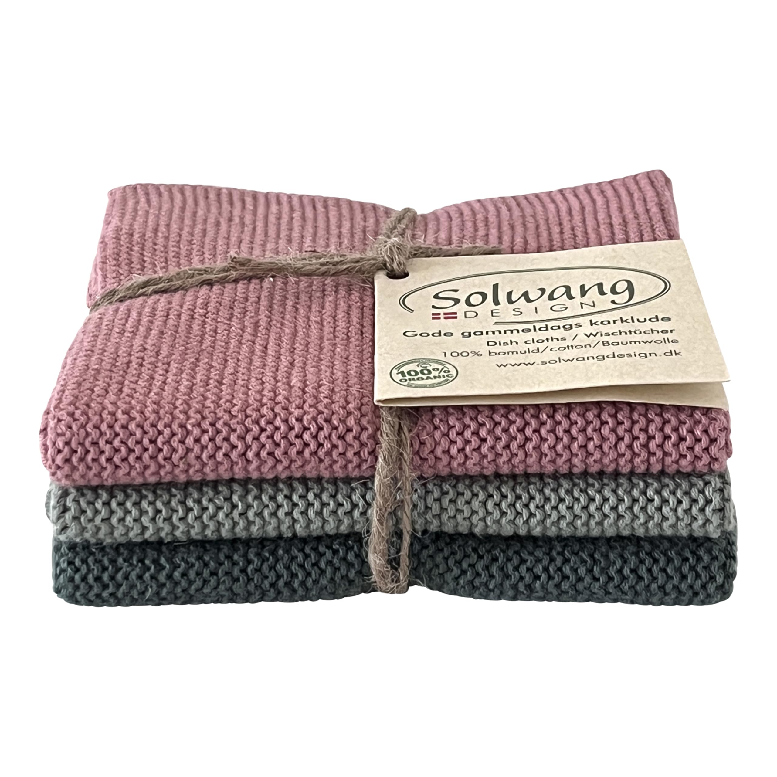Solwang 3-Piece Danish Cotton Dishcloths in 100% Certified Organic Cotton Made in India (Rustic Blue Organic Combi)