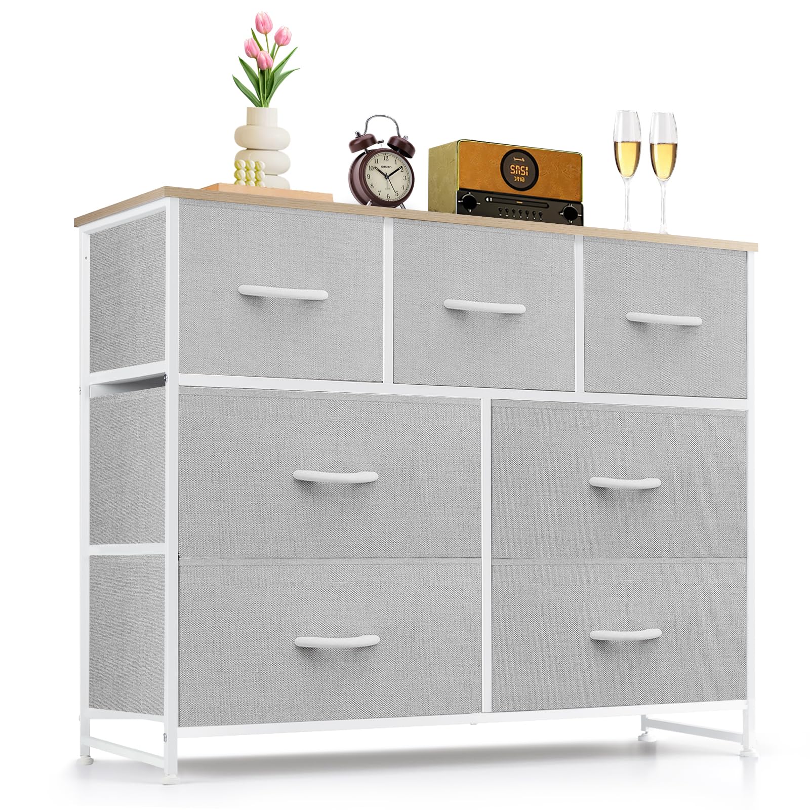 9-Drawer Dresser for Bedroom, Anti-Tip Tall Storage Organizer Chest of Drawers with Wooden Top and Metal Frame Fabric Bins for Closet, Living Room, Hallway, Entryway, White