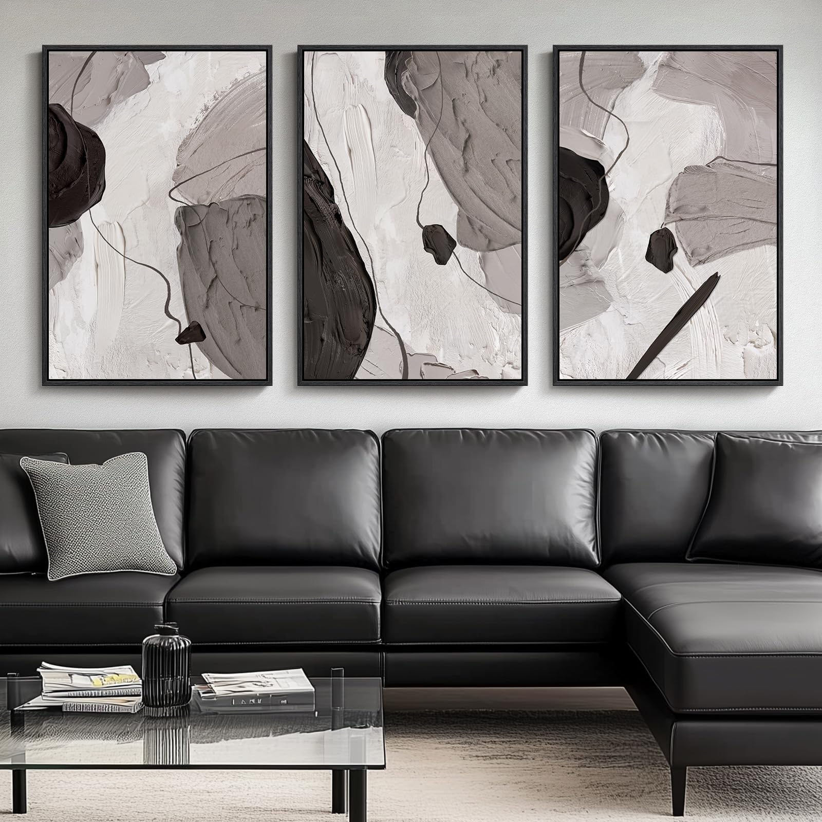 Framed Black and White Abstract Wall Art, 3 Piece Modern Canvas Prints Paintings Art for Walls, Minimalist Black White Abstract Pictures for Living Room Bedroom Dining Room Office Wall Decor 16x24 In