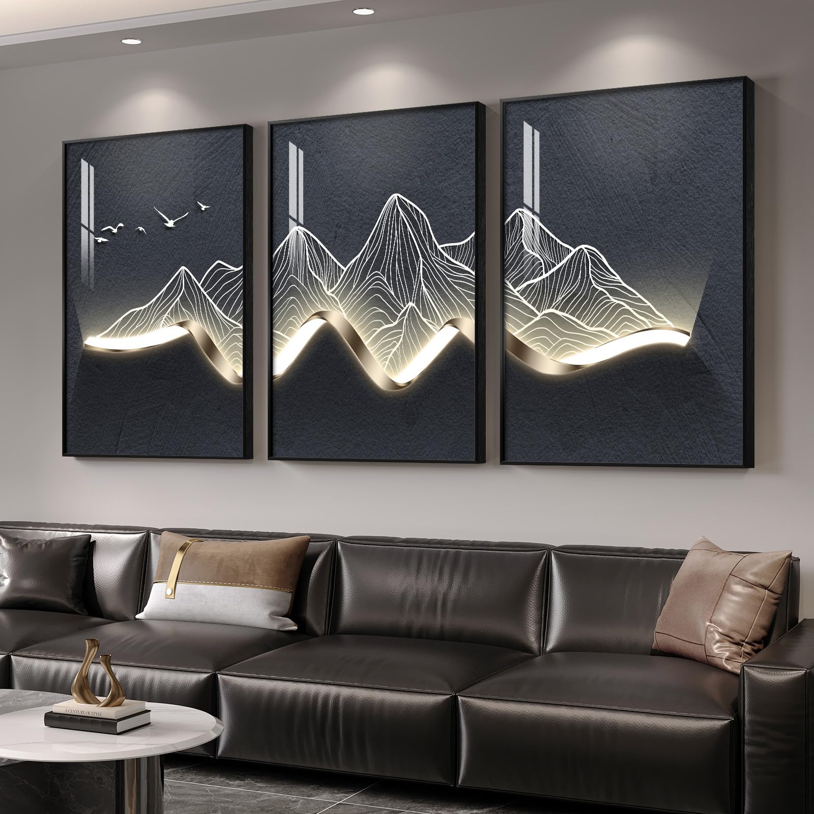 Large Framed Modern Luxury Gold Wall Art for Living Room, 3 Piece Bright Style Art Prints Paintings Artwork for Walls, Bronze Gold Geometric Pictures for Hallway Stair Office Wall Decor 24x36 In