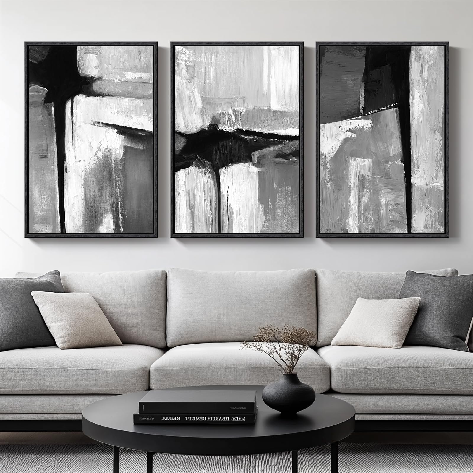 Framed Black and White Abstract Wall Art, 3 Piece Modern Canvas Prints Paintings Art for Walls, Minimalist Black White Abstract Pictures for Living Room Bedroom Dining Room Office Wall Decor 16x24 In