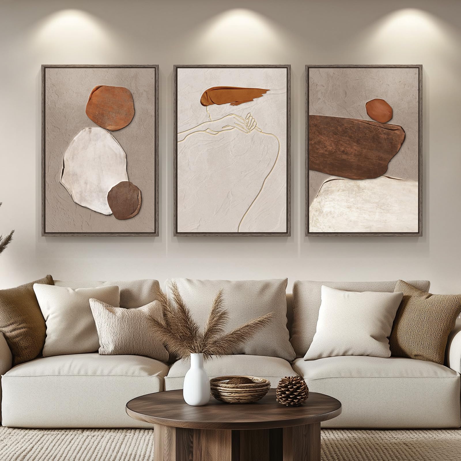 Large Framed Neutral Abstract Wall Art for Living Room, 3 Piece Modern Canvas Prints Paintings Artwork for Walls, Black and Beige Pictures for Living Room Hallway Stair Office Wall Decor 24x36 Inch