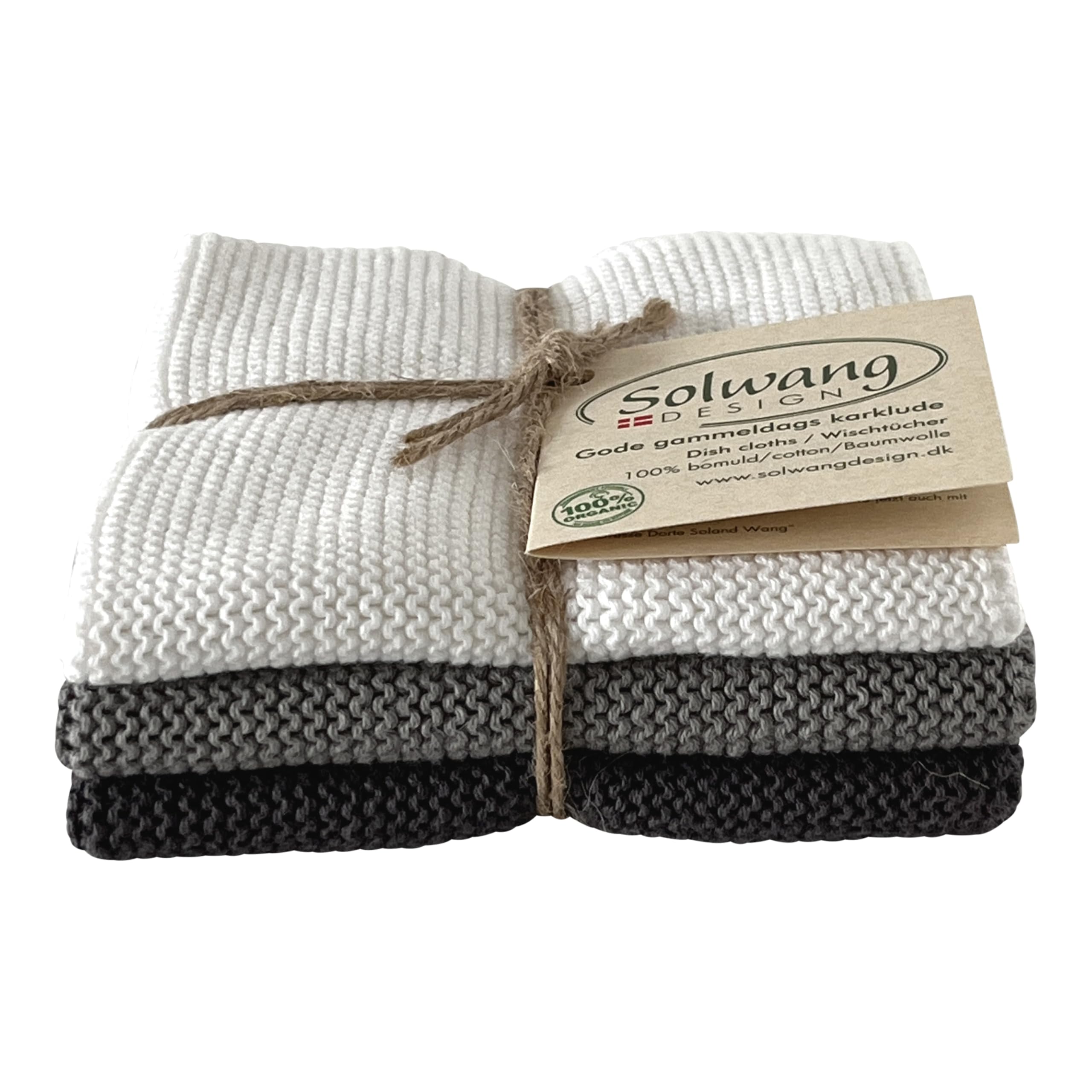 Solwang 3-Piece Danish Cotton Dishcloths in 100% Certified Organic Cotton Made in India (Rustic Blue Organic Combi)