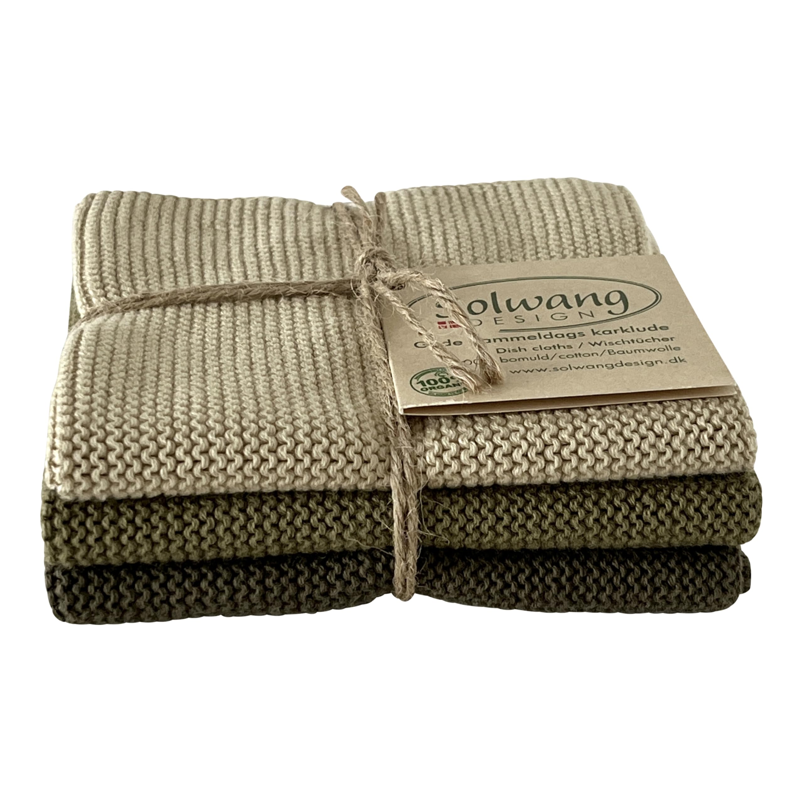 Solwang 3-Piece Danish Cotton Dishcloths in 100% Certified Organic Cotton Made in India (Rustic Blue Organic Combi)