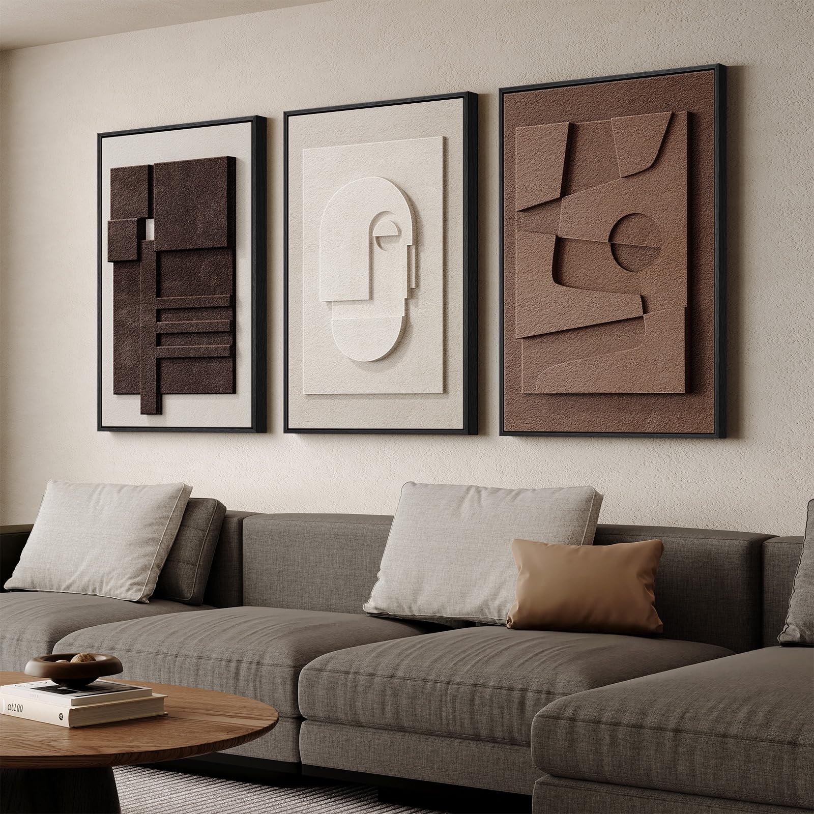 Framed Abstract 3D Textured Wall Art for Living Room, 3 Piece Modern Neutral Artwork for Walls, Brown White Geometric Sandstone Textured Painting for Bedroom, Home Office Decor-Total Size 30x60 Inch