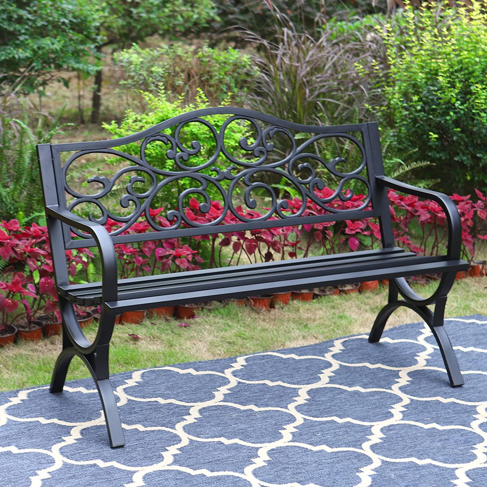 50 Inch Bronze Cast Iron Garden Bench with Floral Backrest