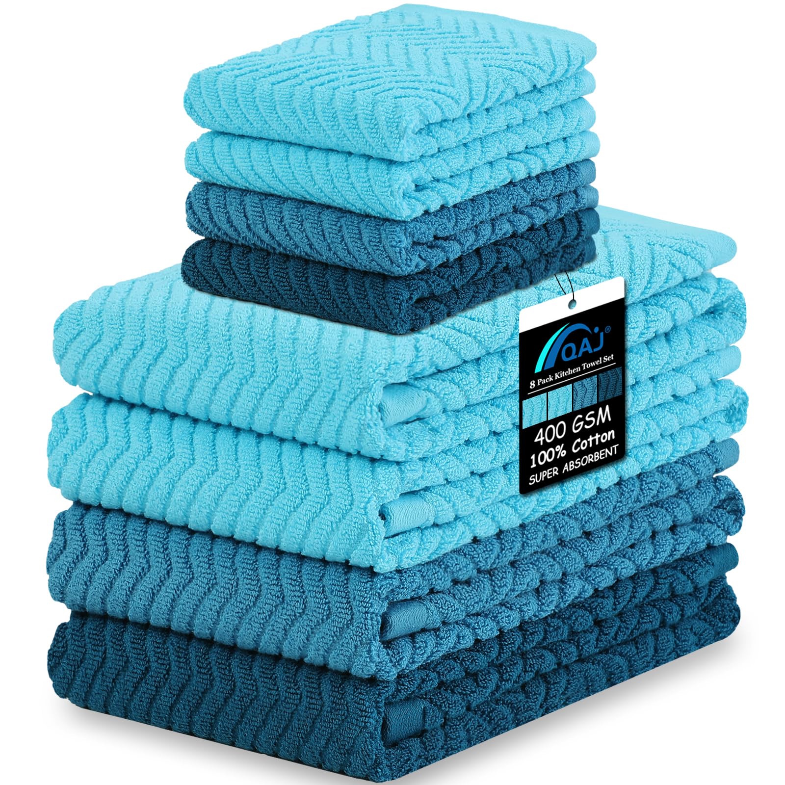 100% Cotton Kitchen Towels and Dishcloths Set, Pack of 8 Super Absorbent 16" x 25" Kitchen Towels and 13" x 13" Dish Cloths (400 GSM)