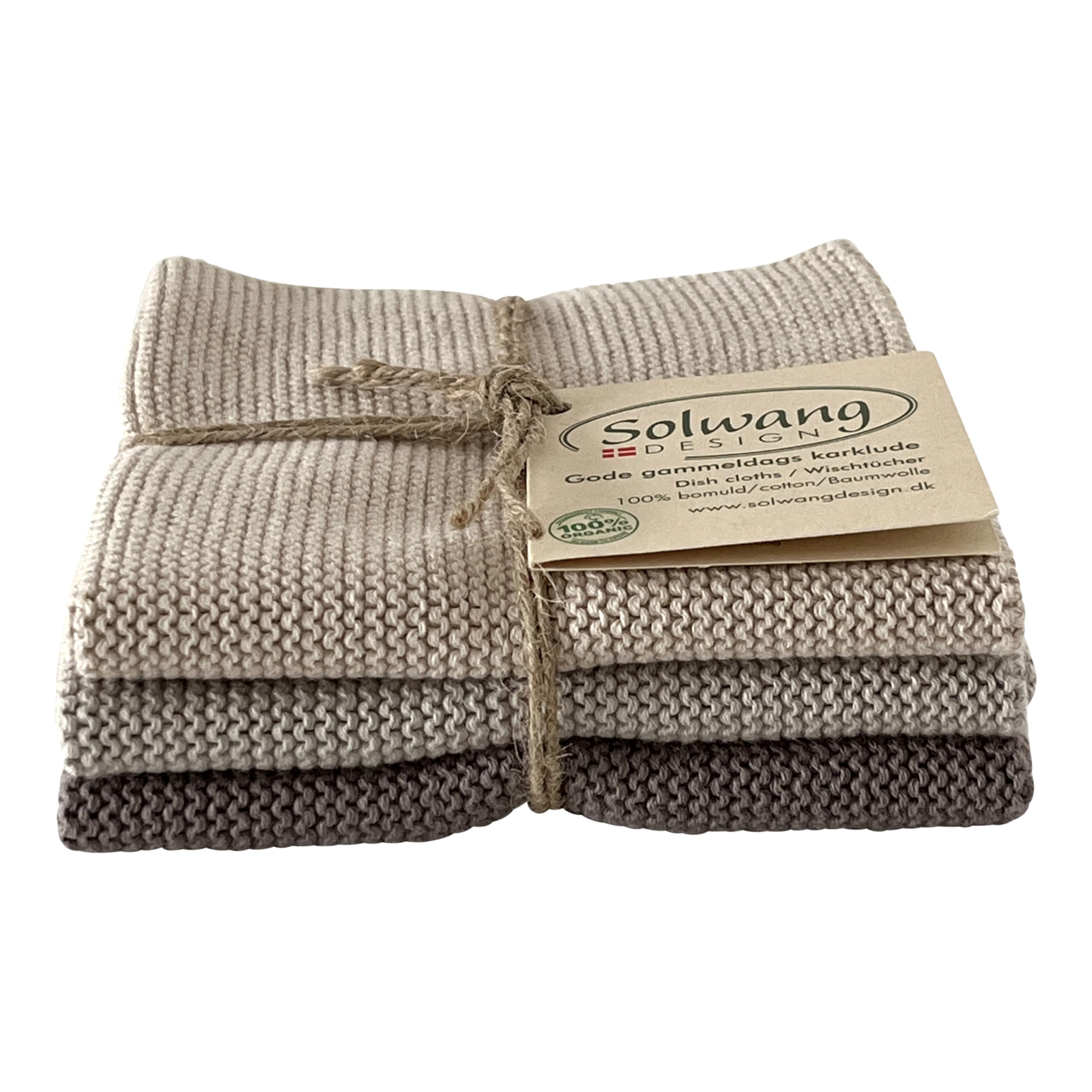 Solwang 3-Piece Danish Cotton Dishcloths in 100% Certified Organic Cotton Made in India (Rustic Blue Organic Combi)