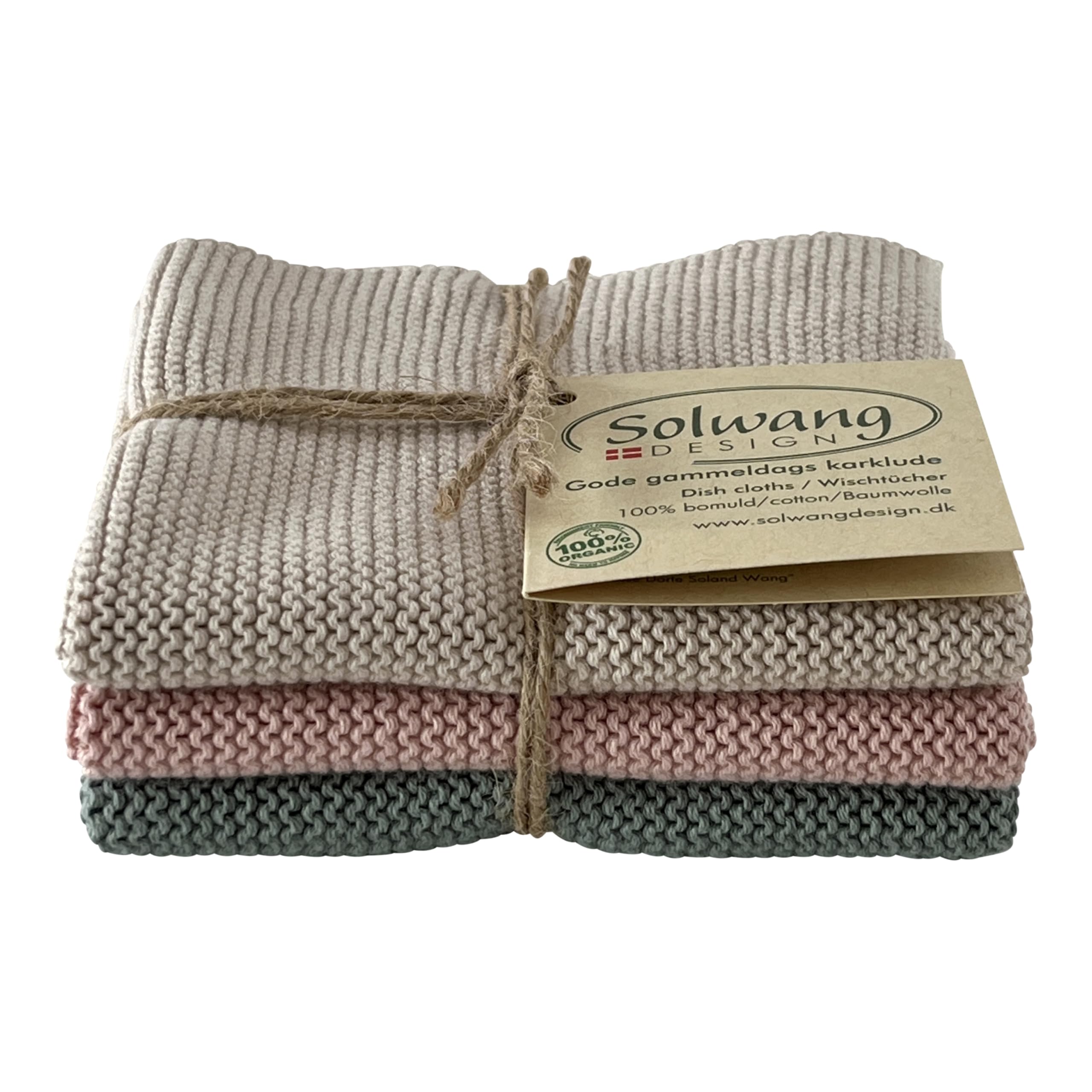 Solwang 3-Piece Danish Cotton Dishcloths in 100% Certified Organic Cotton Made in India (Rustic Blue Organic Combi)