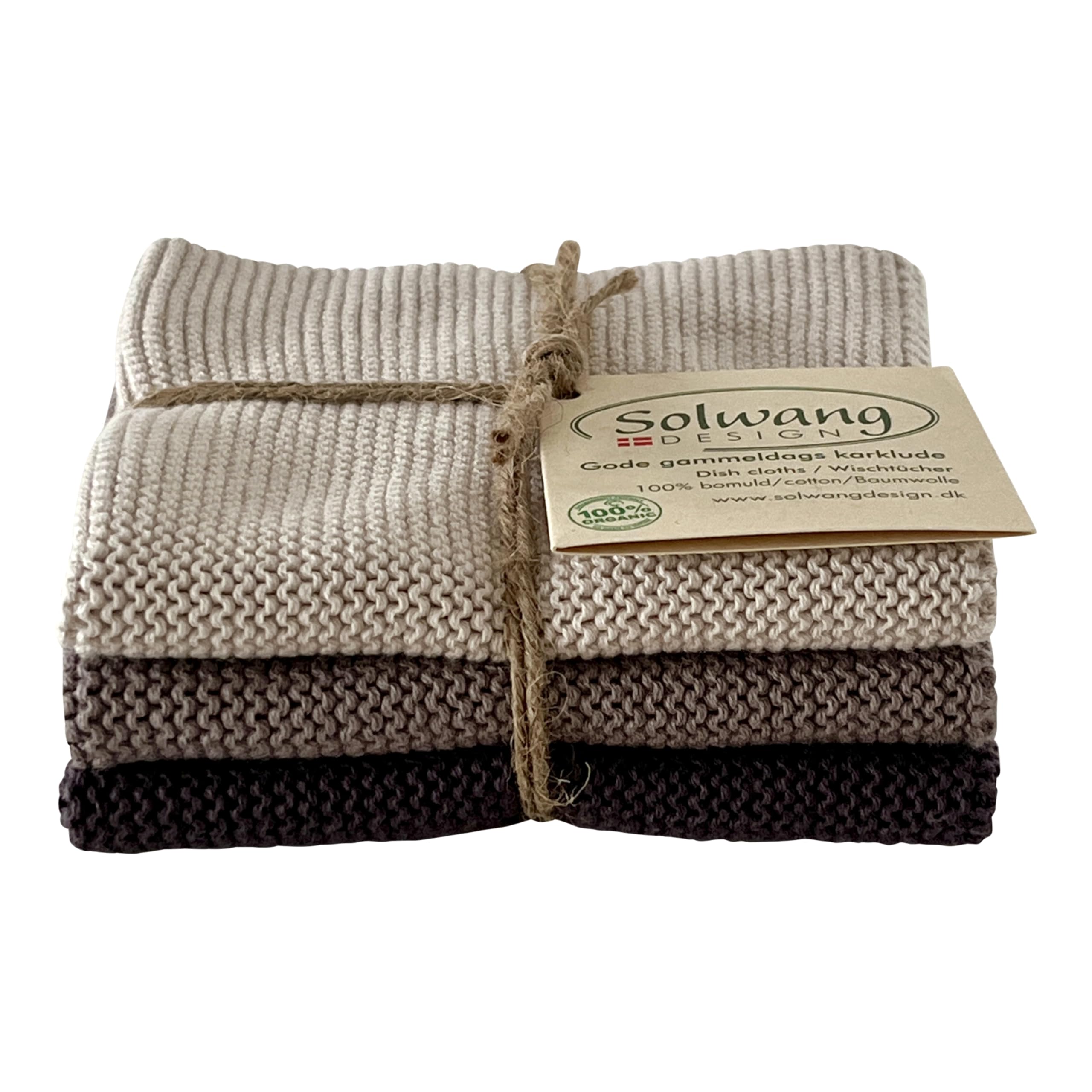 Solwang 3-Piece Danish Cotton Dishcloths in 100% Certified Organic Cotton Made in India (Rustic Blue Organic Combi)
