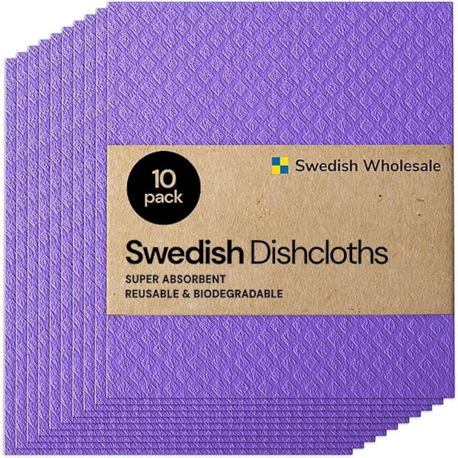 Swedish Wholesale Dishcloths Reusable 8" x 7" Sponge Cloths, Bulk 10 Pack of High Absorbent Cellulose Dish & Kitchen Cleaning Hand Towels, Wring to Dry & Machine Wash, Odor Resistant, White