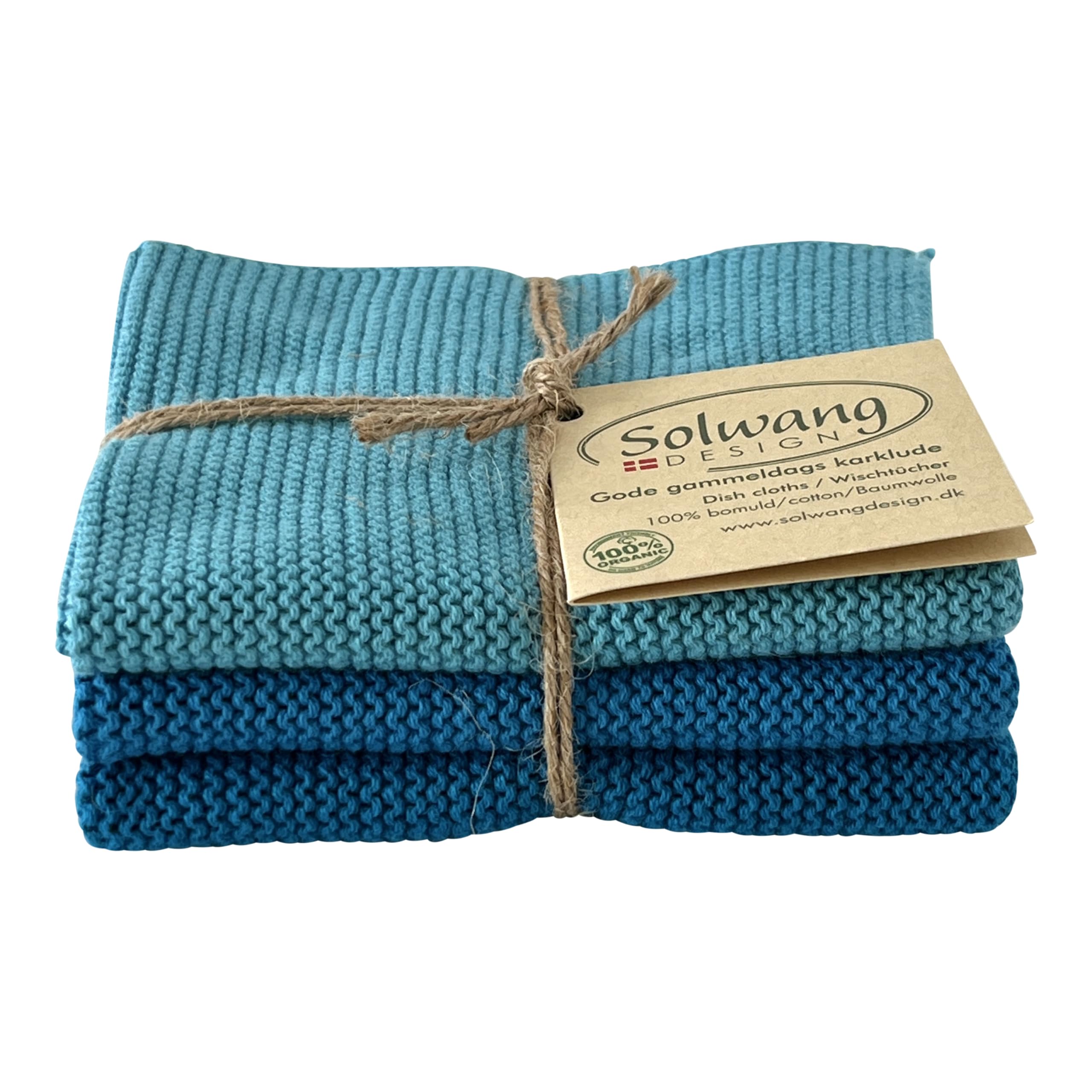 Solwang 3-Piece Danish Cotton Dishcloths in 100% Certified Organic Cotton Made in India (Rustic Blue Organic Combi)