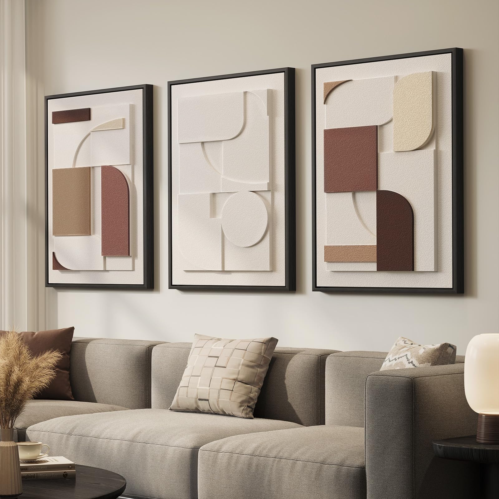 Framed Abstract 3D Textured Wall Art for Living Room, 3 Piece Modern Neutral Artwork for Walls, Brown White Geometric Sandstone Textured Painting for Bedroom, Home Office Decor-Total Size 30x60 Inch
