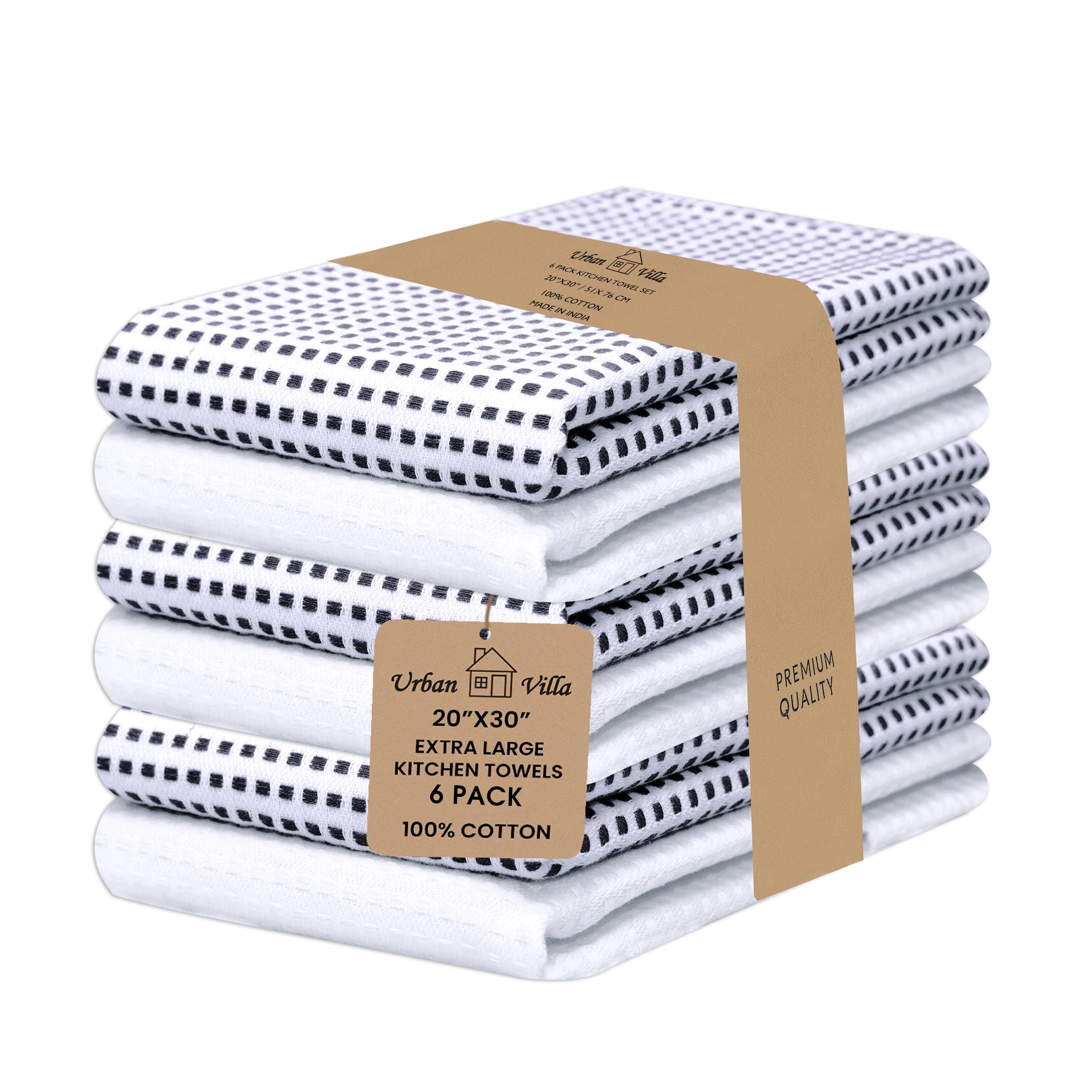 Urban Villa Kitchen Towels 100% Cotton Dish Towels for Kitchen (Set of 6) 20”x30” Dish Cloths Highly Absorbent Kitchen Linen Set with Hanging Loop Perfect for Drying Dishes Cleaning Towels-Blue White