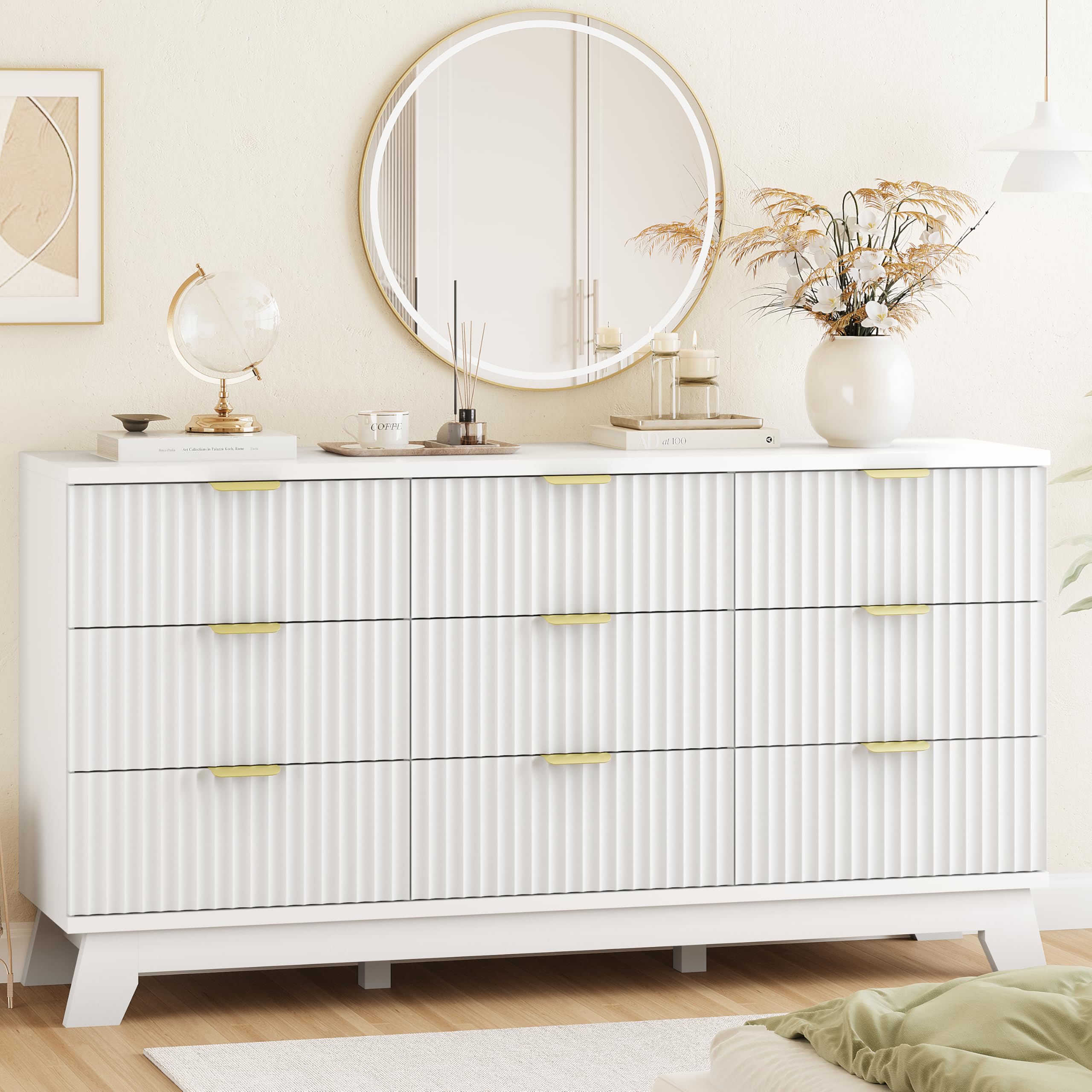 9-Drawer Fluted Dresser, 57" Wide Natural Oak Storage Chest with Metal Handles