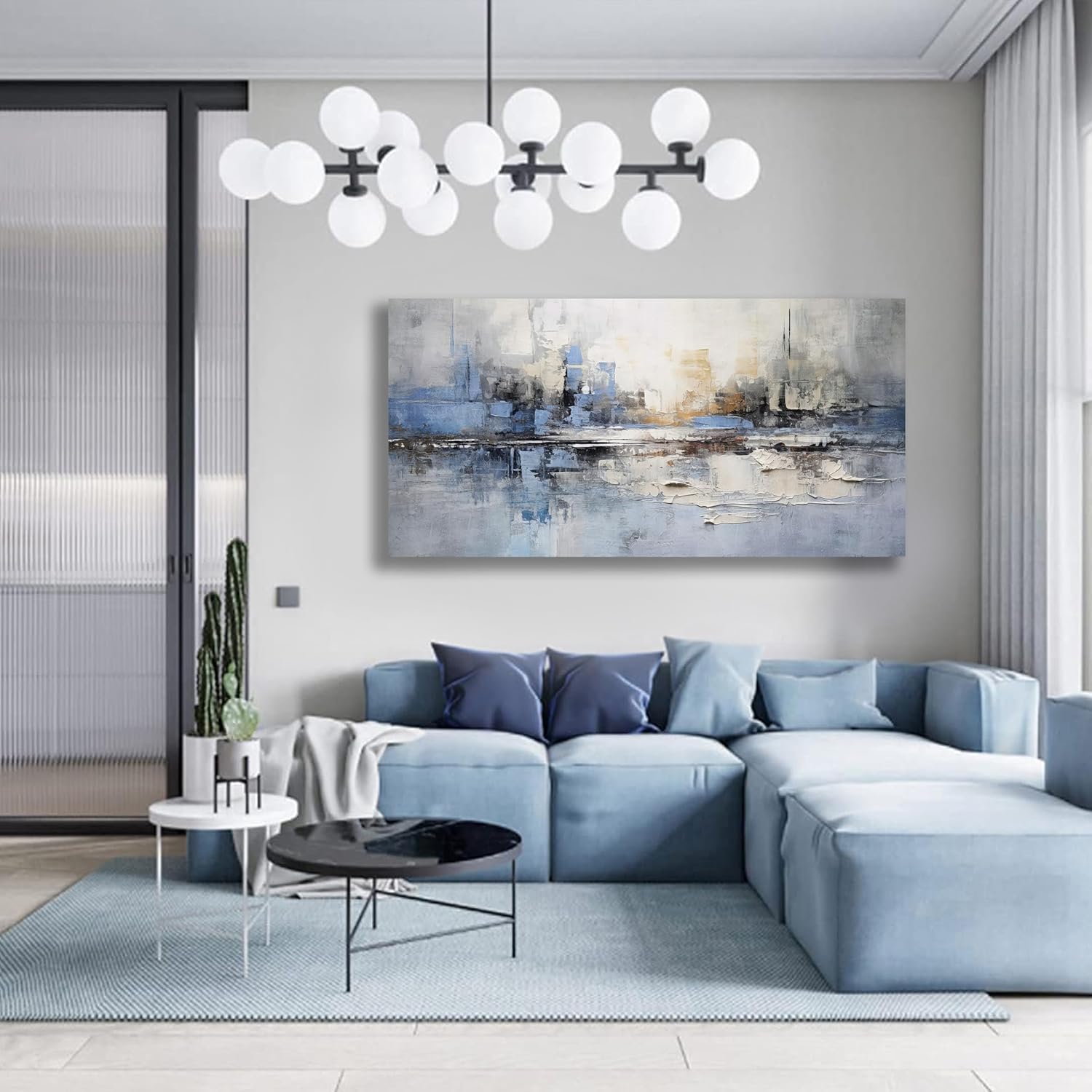 VHMING Abstract Wall Art Wall Decor Blue and Gray White Modern Canvas Wall Paintings Abstract Artwork for Living Room Bedroom Bathroom Office Home Decor Can Be Hung Directly 29"x 58"