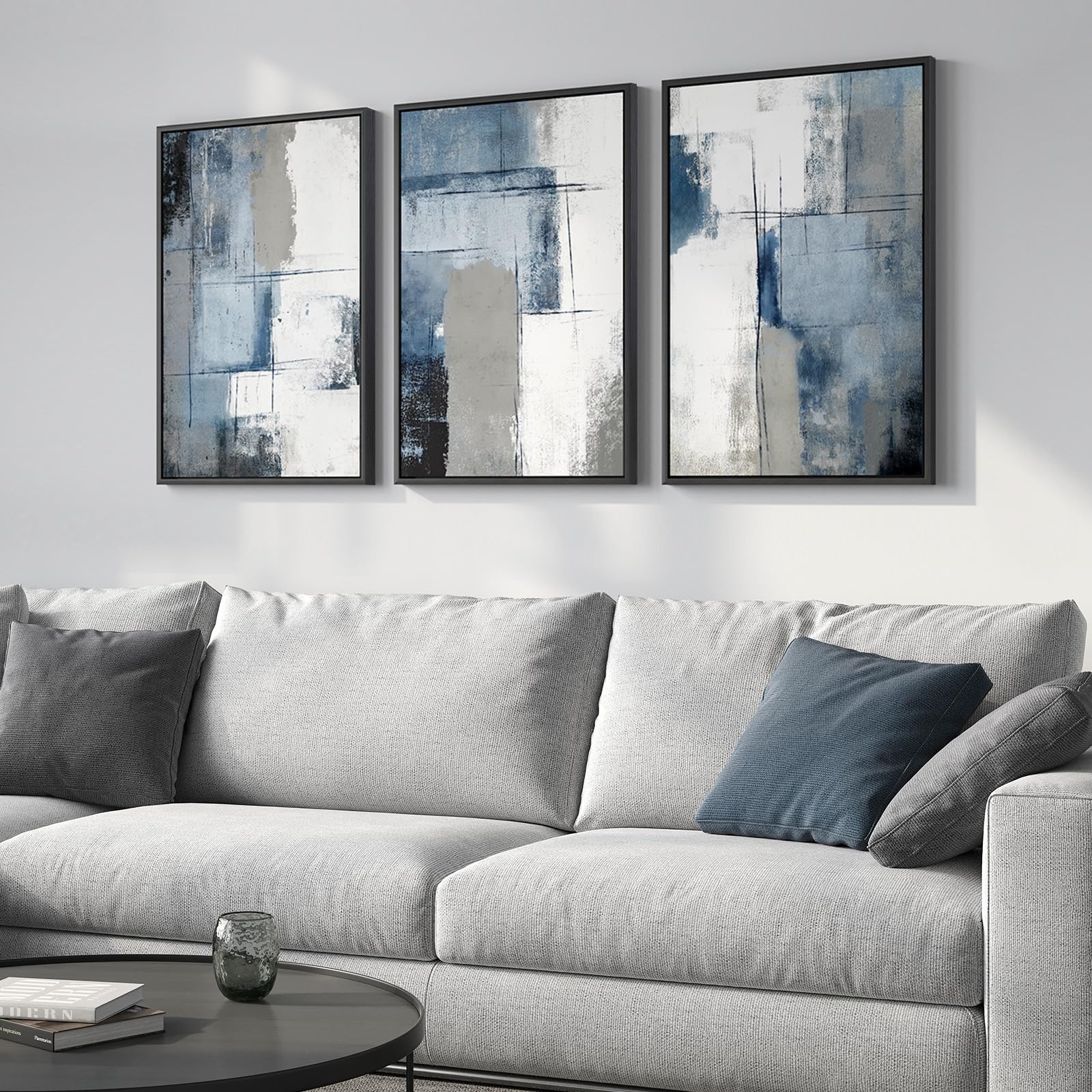 Large Framed Blue and Grey Abstract Wall Art for Living Room, 3 Piece Modern Canvas Prints Paintings Artwork for Walls, Minimalist Abstract Pictures Wall Decor for Hallway Office Bedroom 24x36 In